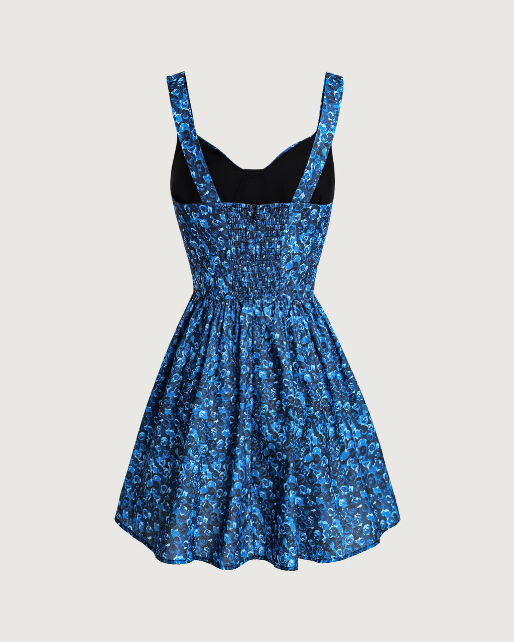 Blue Floral U-Neck Shirred Mini Dress