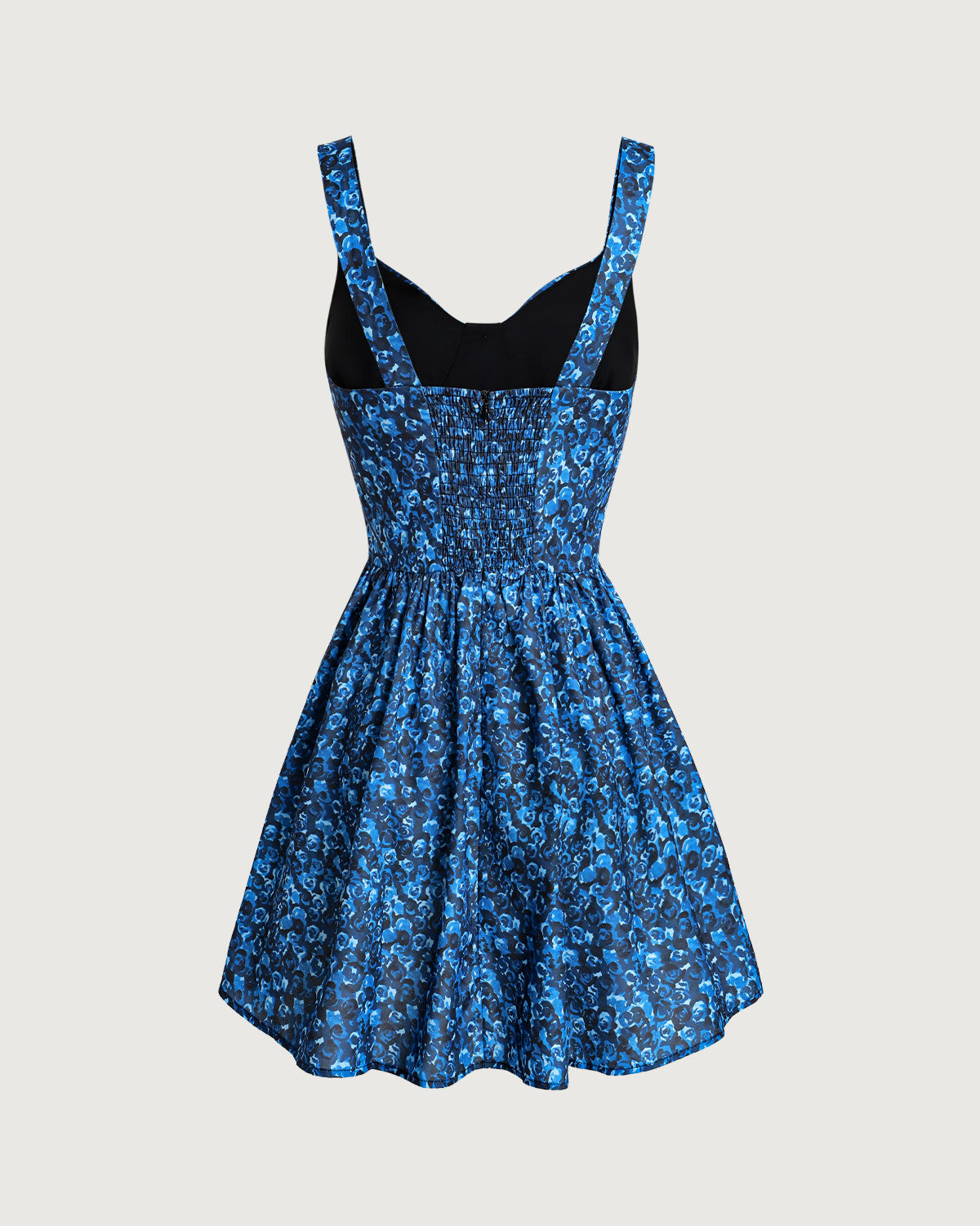 Blue Floral U-Neck Shirred Mini Dress
