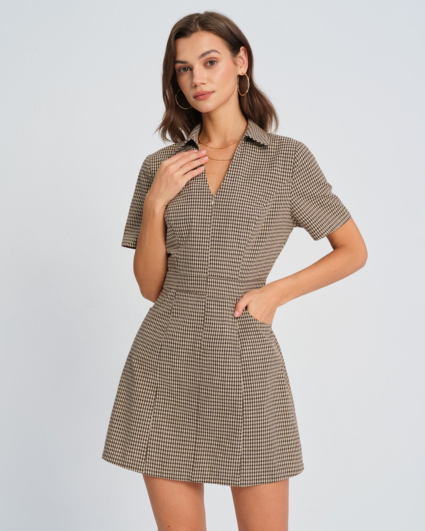 Brown Plaid Collar Mini Dress