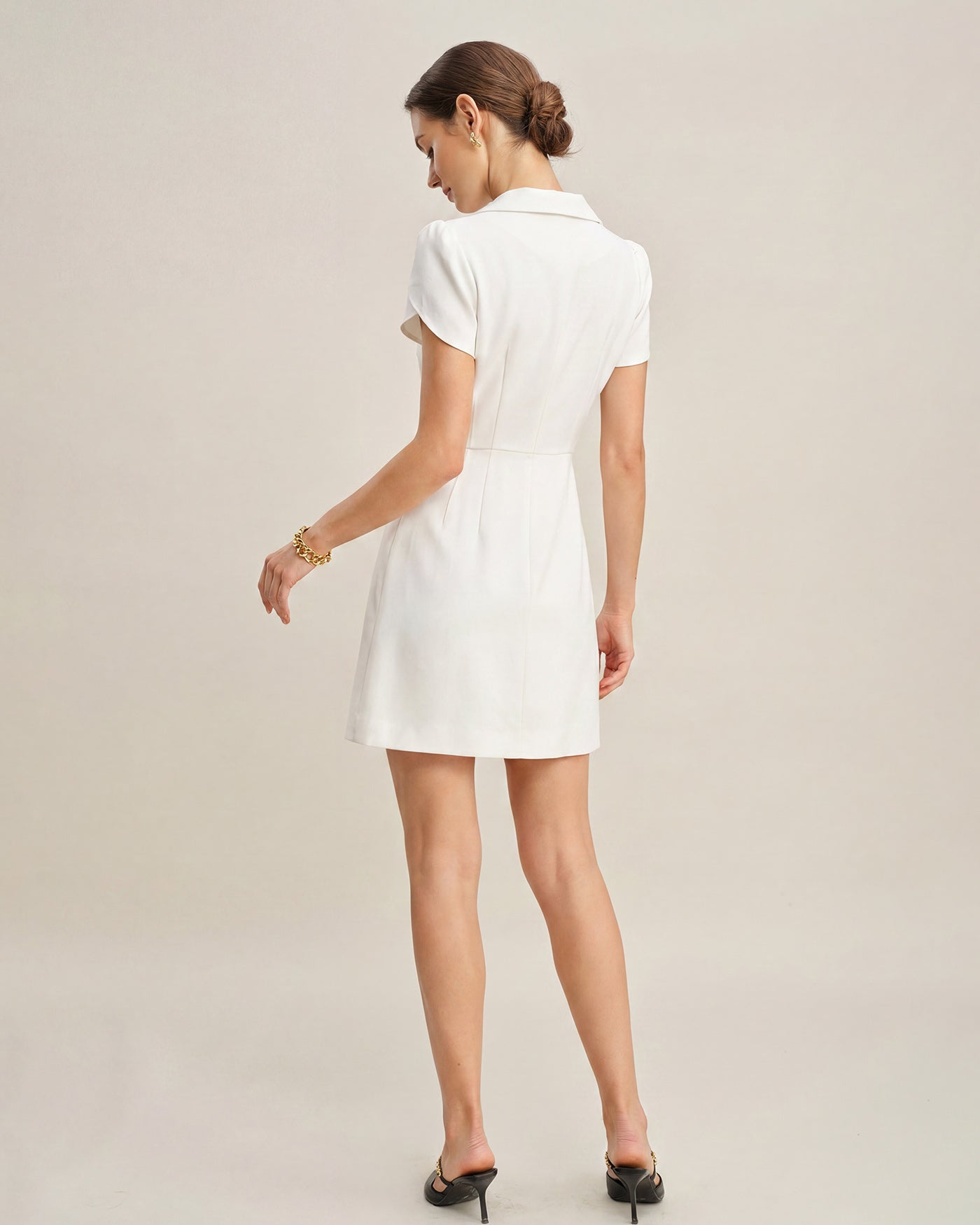 Beige Collar Button Satin Mini Dress