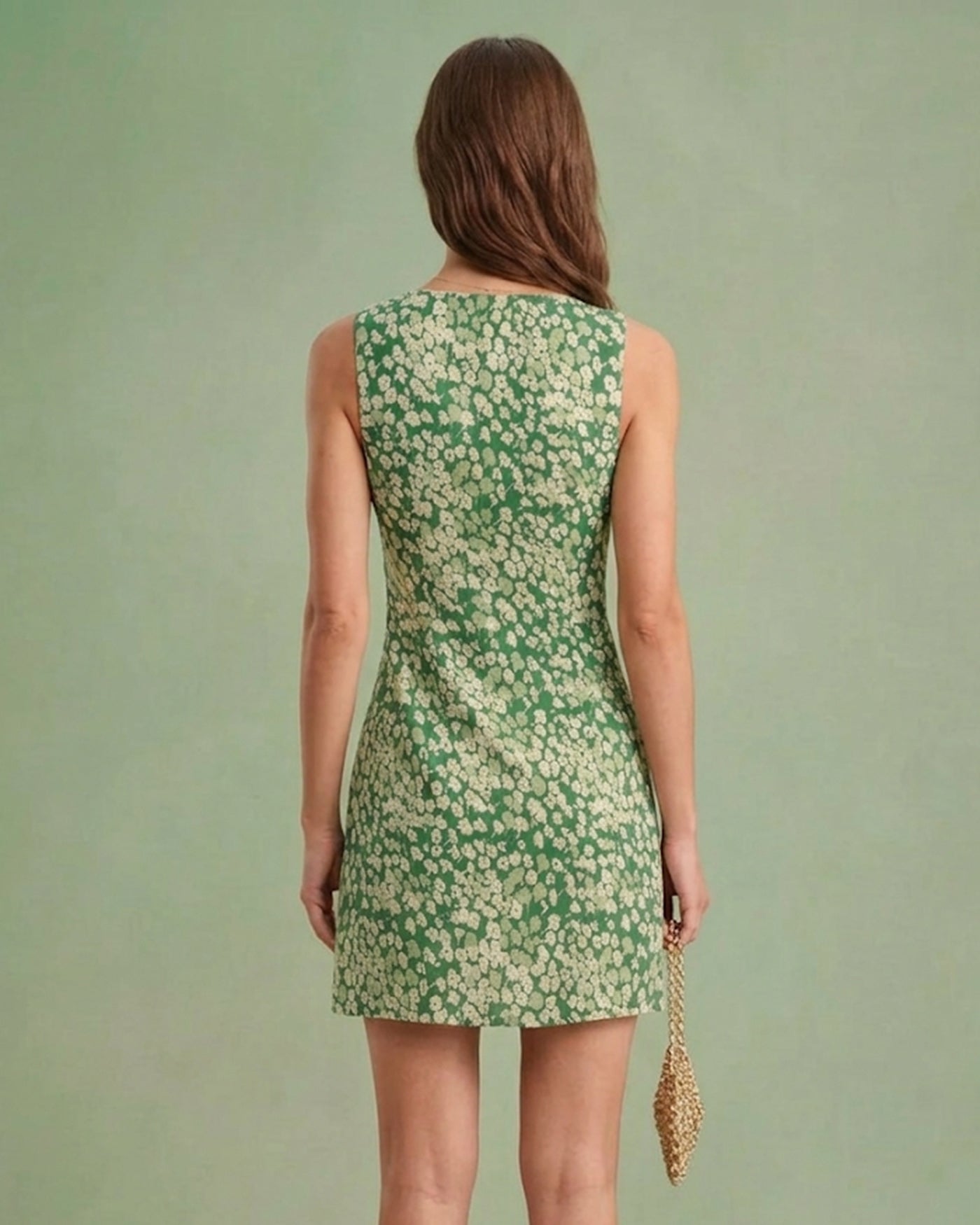 Green Floral Sleeveless Mini Dress