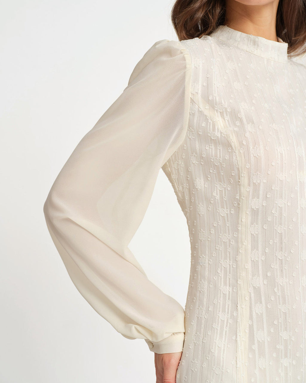 Beige Chiffon Mock Neck Mini Dress