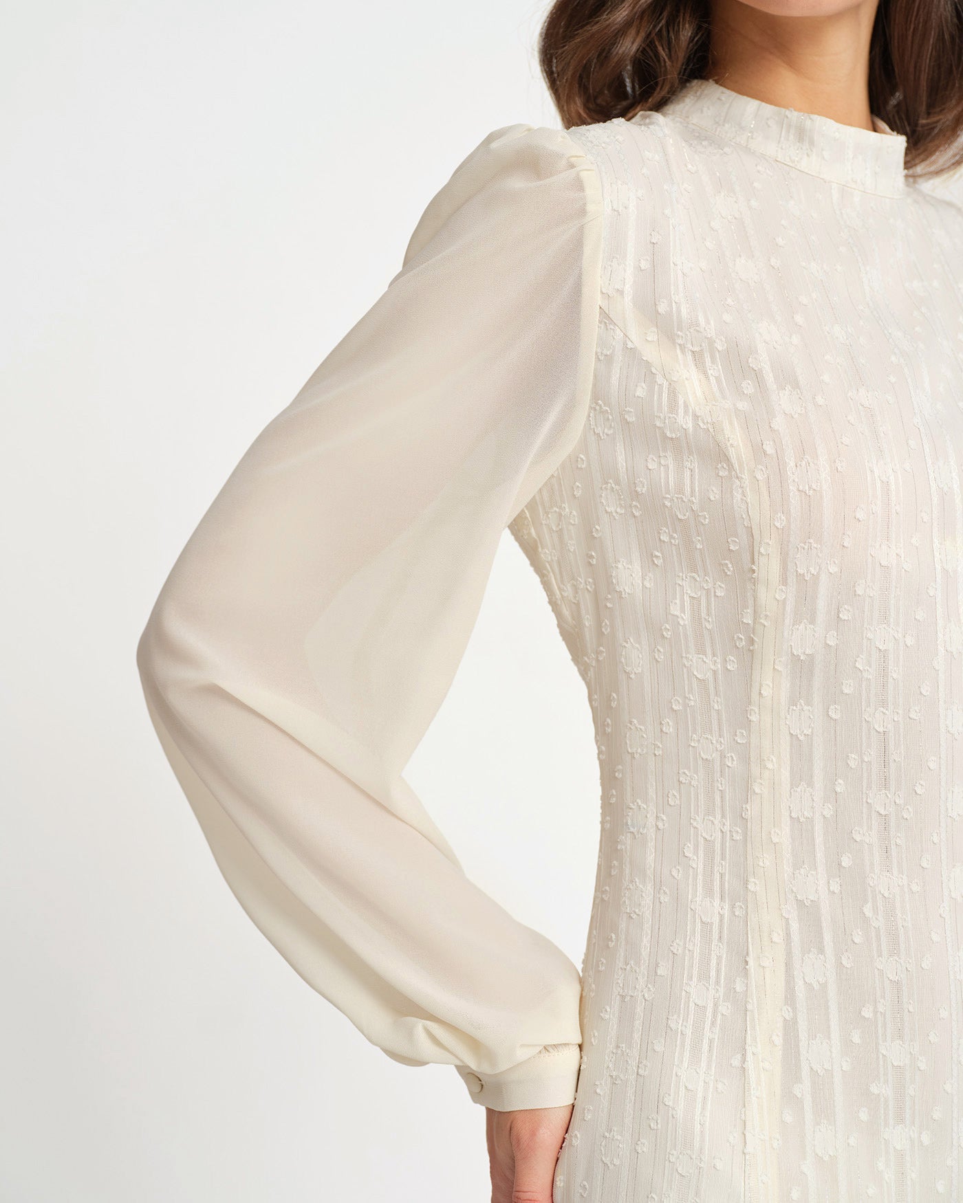 Beige Chiffon Mock Neck Mini Dress