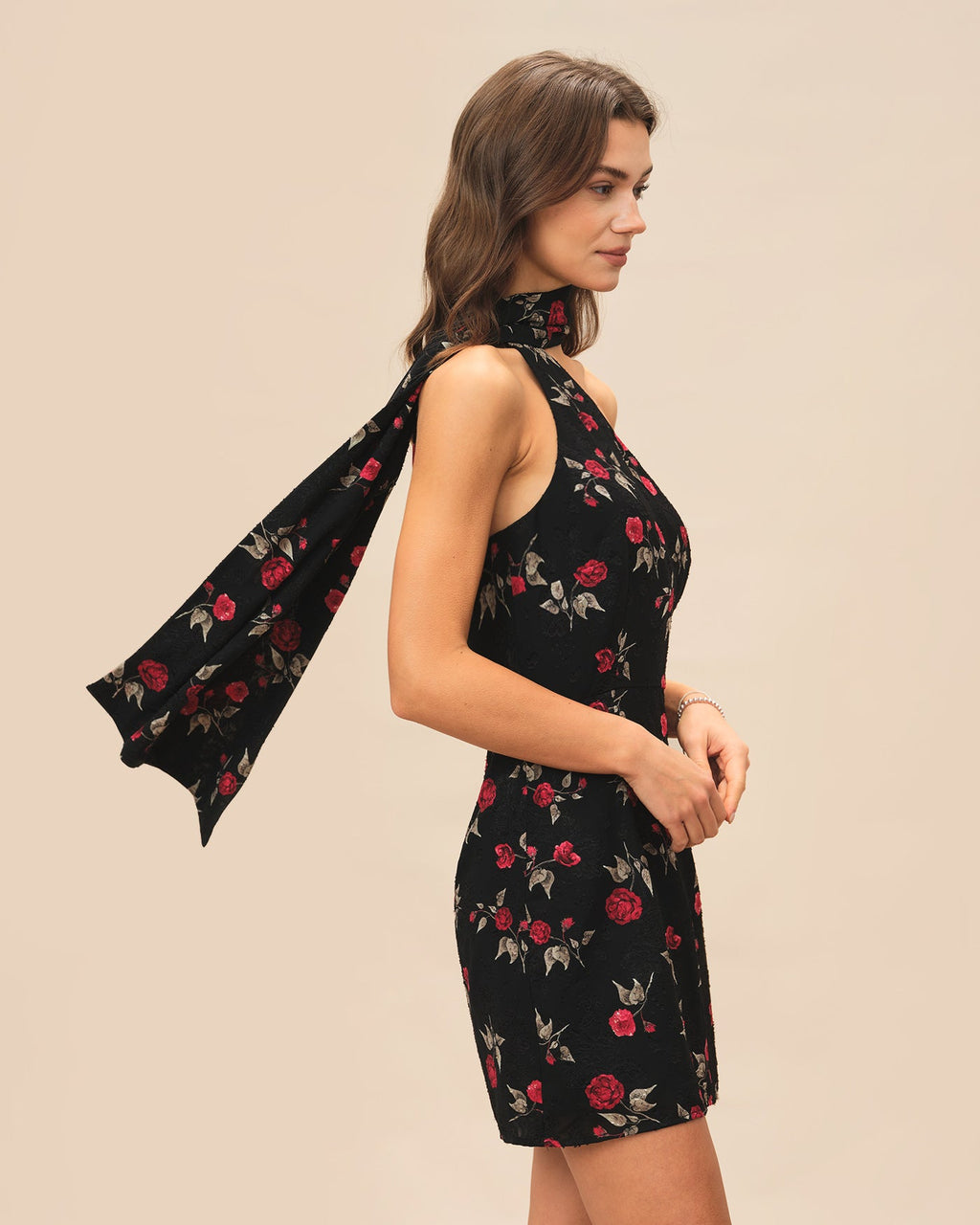Black Jacquard One Shoulder Mini Dress
