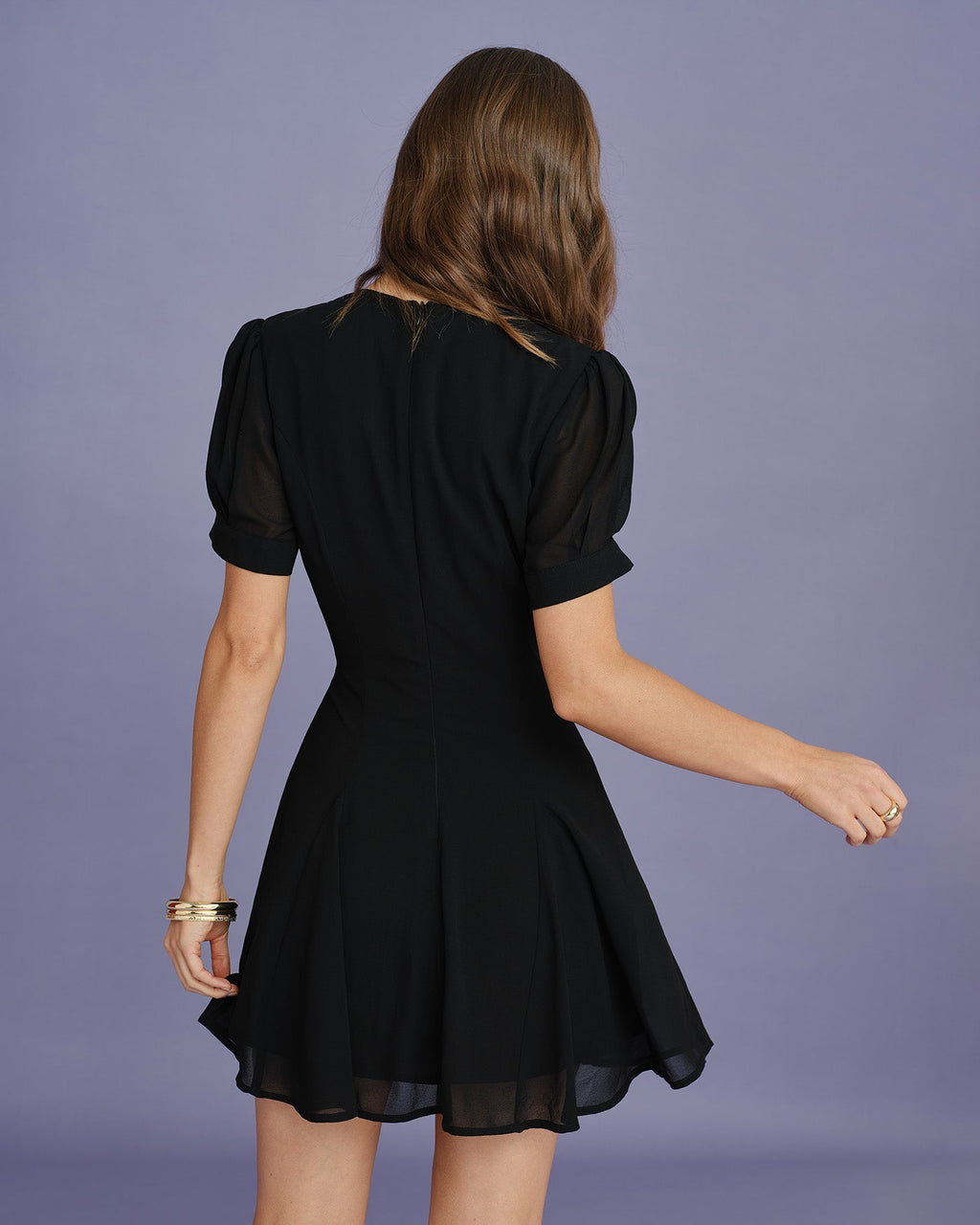 Black V Neck Puffed Sleeve Mini Dress