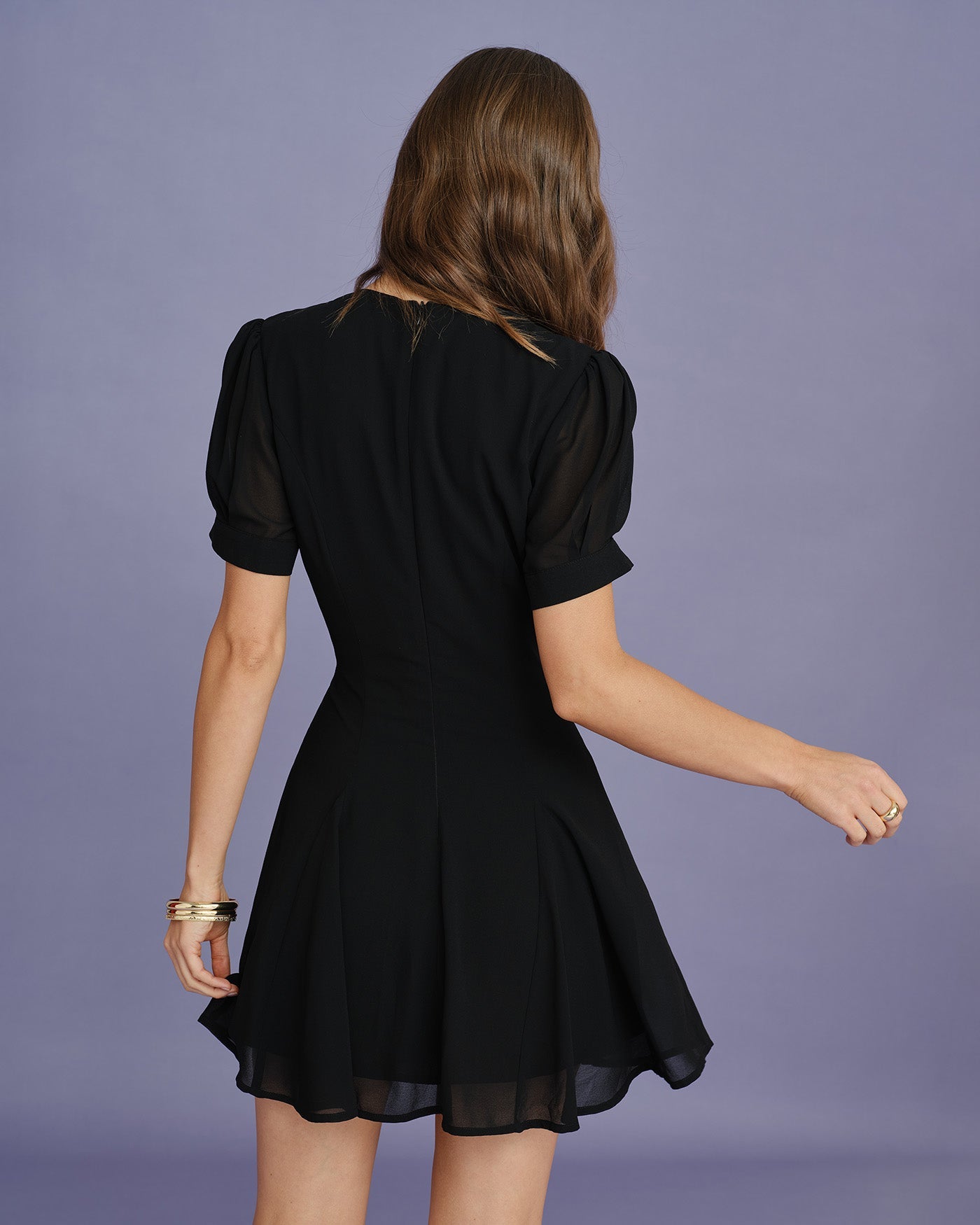 Black V Neck Puffed Sleeve Mini Dress