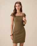 Brown Square Neck Cap Sleeve Mini Dress