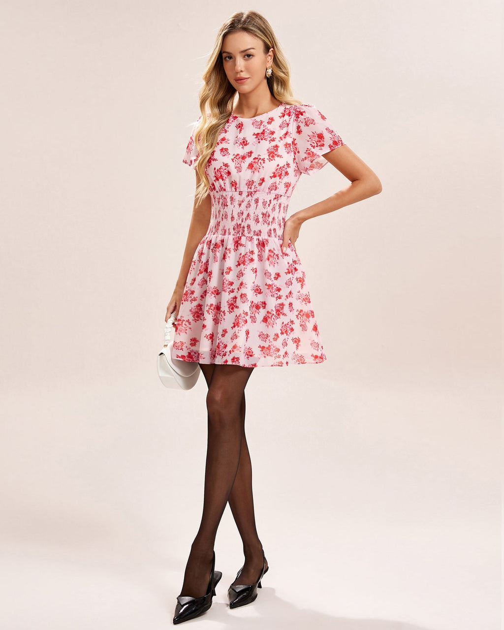 Pink Floral Shirred Mini Dress