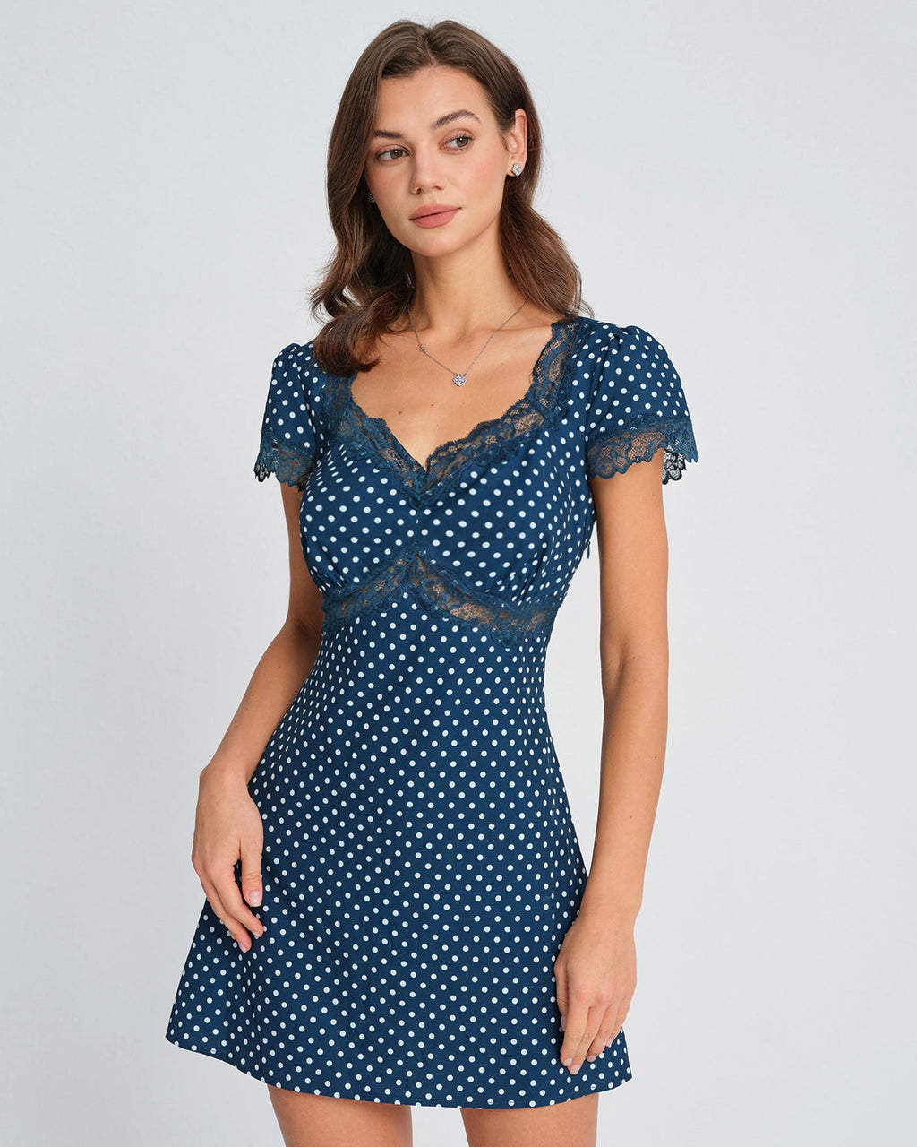 Blue V Neck Polka Dot Mini Dress