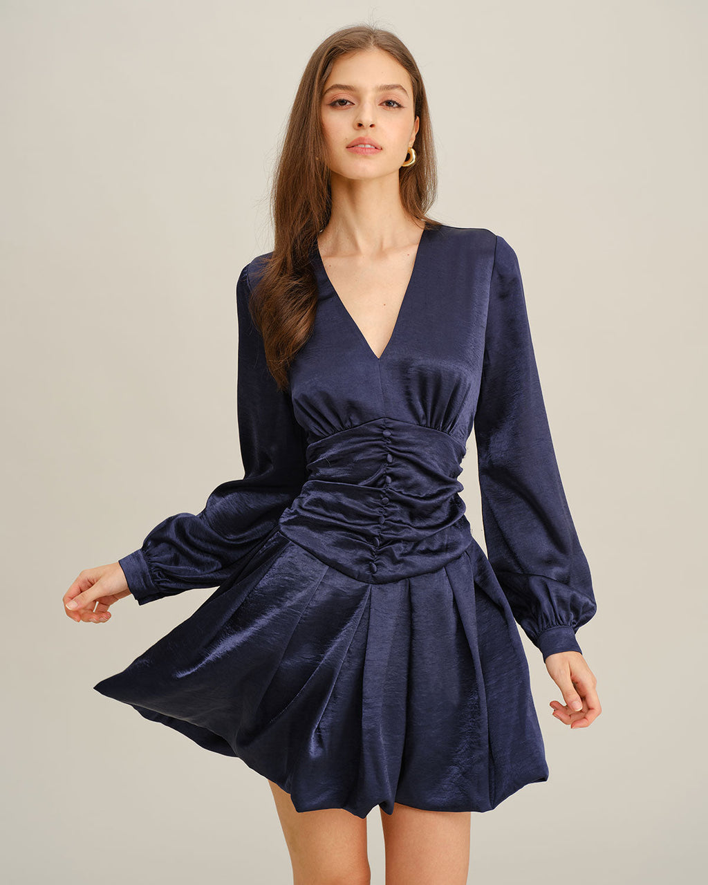 Navy Ruched A-Line Mini Dress