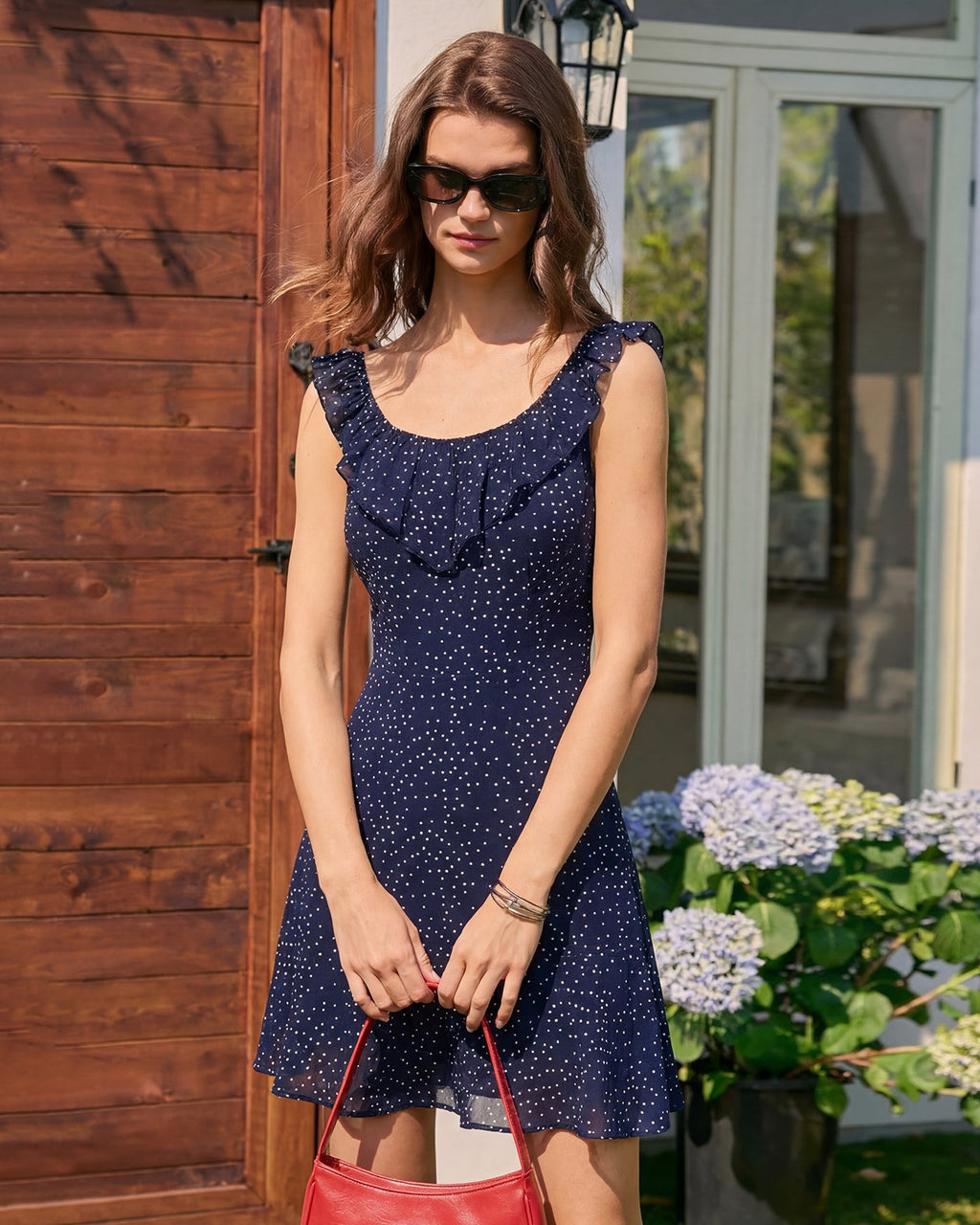 Navy Polka Dot Ruffle Mini Dress