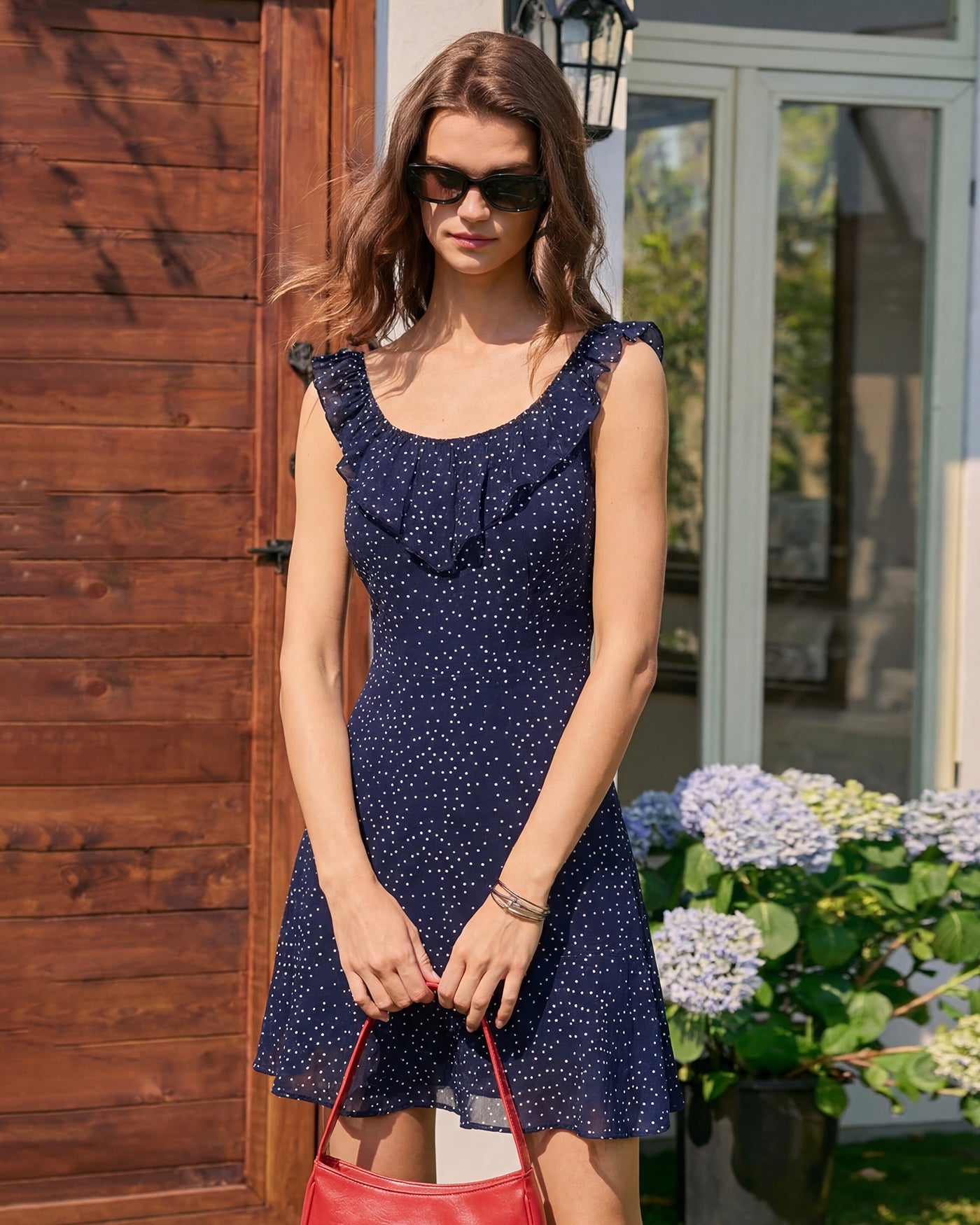 Navy Polka Dot Ruffle Mini Dress