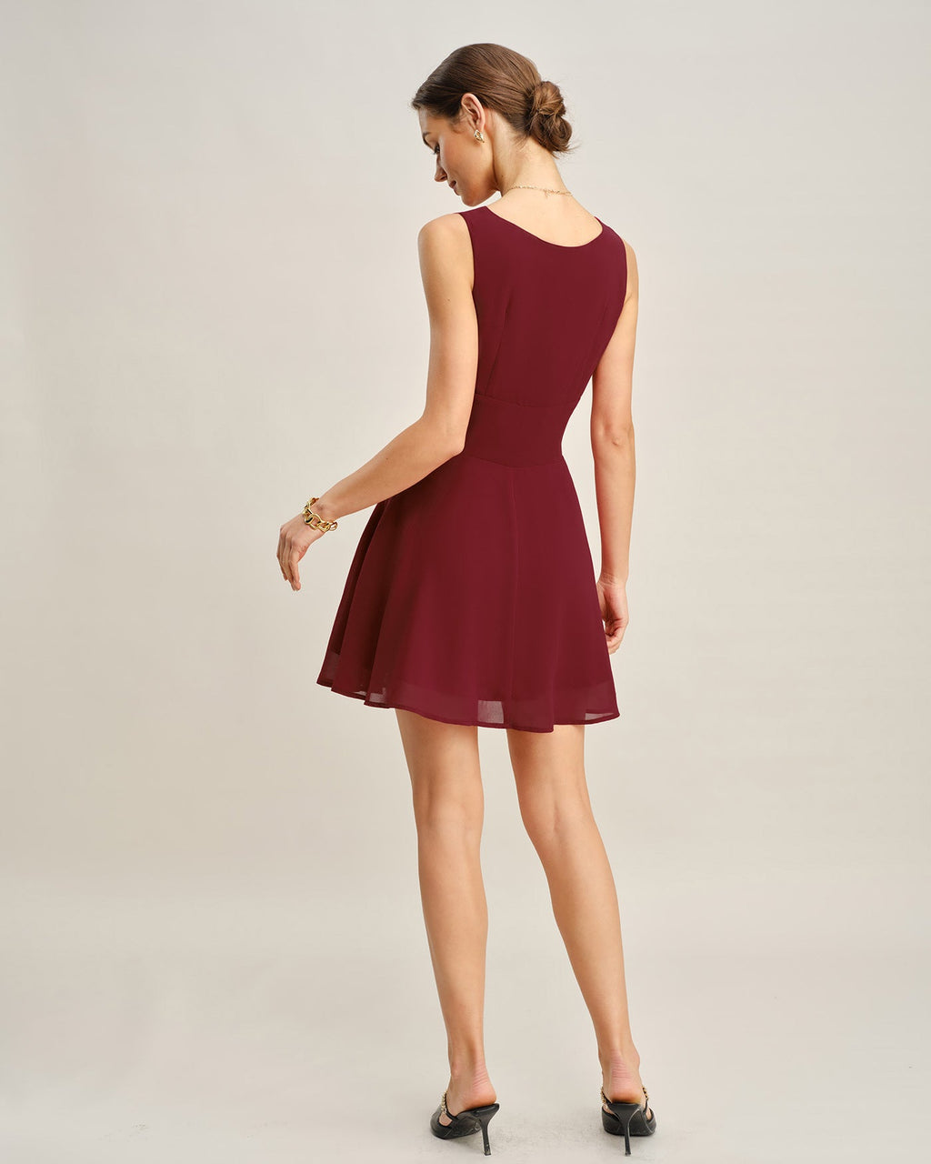 Wine Red Boat Neck Pleated Mini Dress