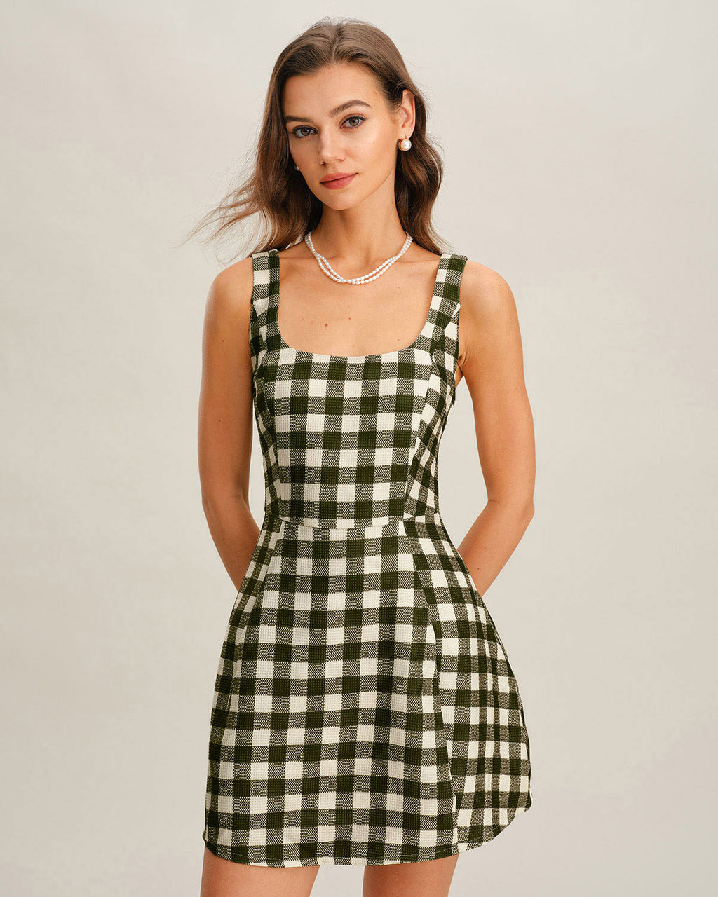 Green Plaid Sleeveless Mini Dress