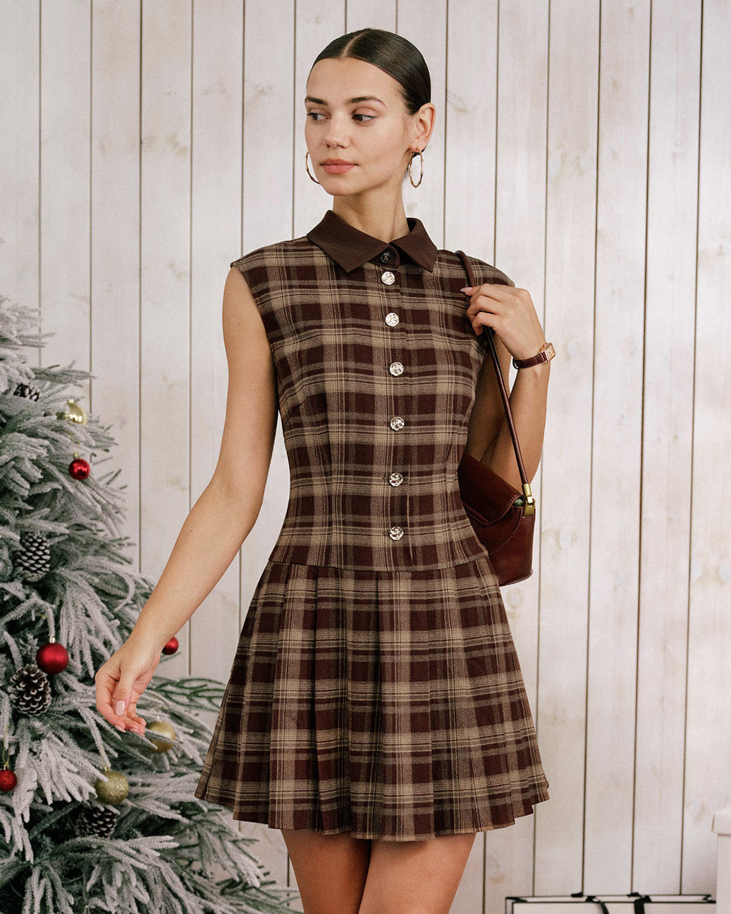 Brown Plaid Pleated Sleeveless Mini Dress