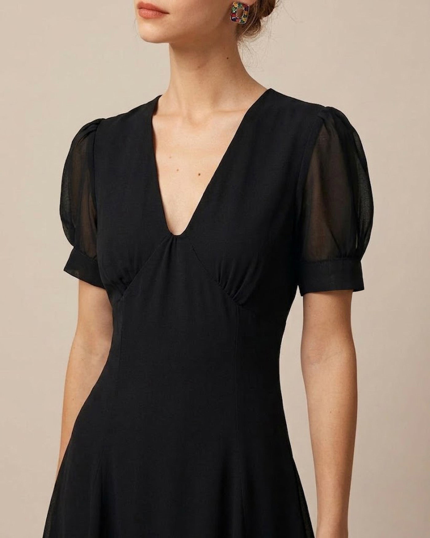 Black V Neck Puffed Sleeve Mini Dress