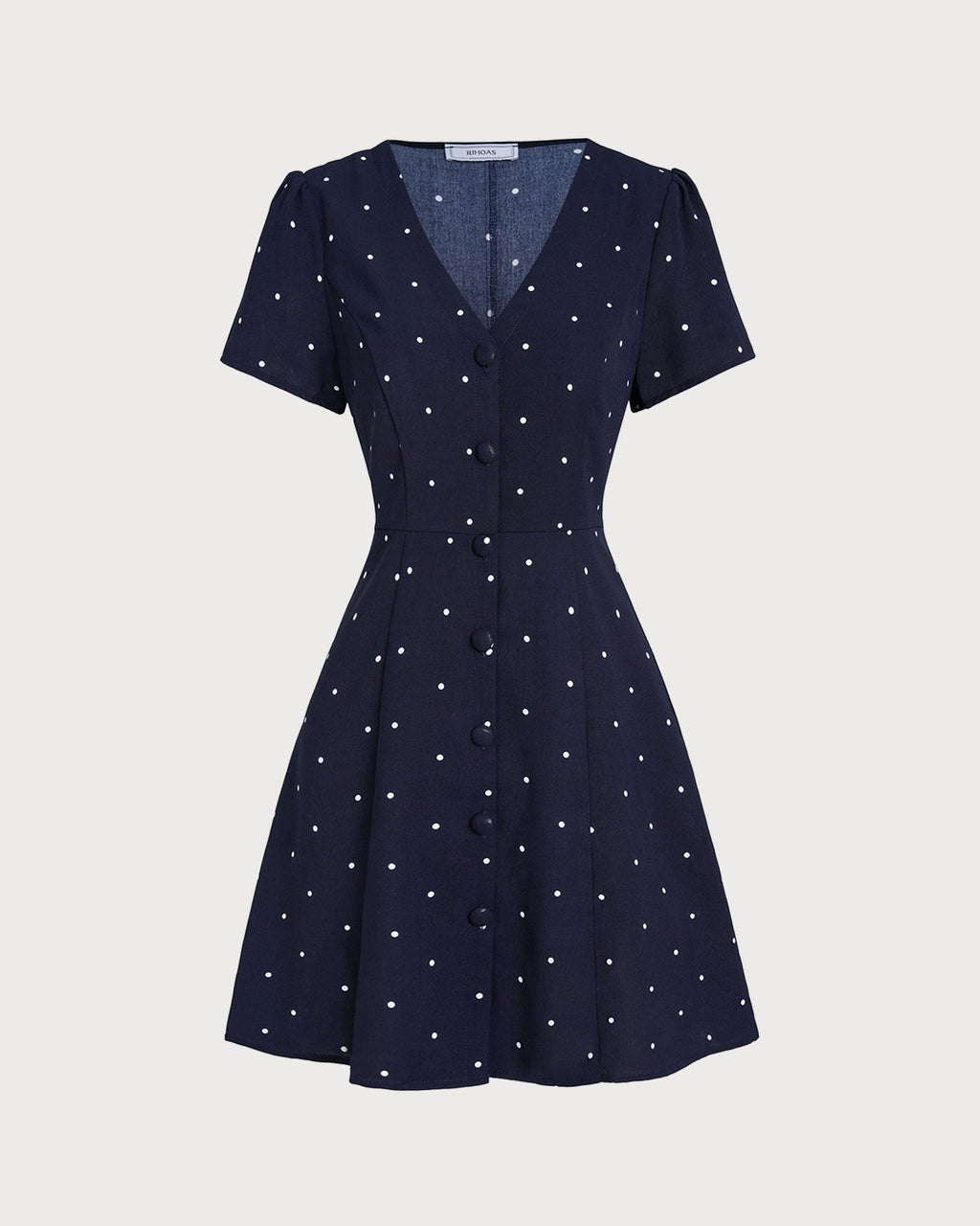 Blue V Neck Polka Dot Button Mini Dress
