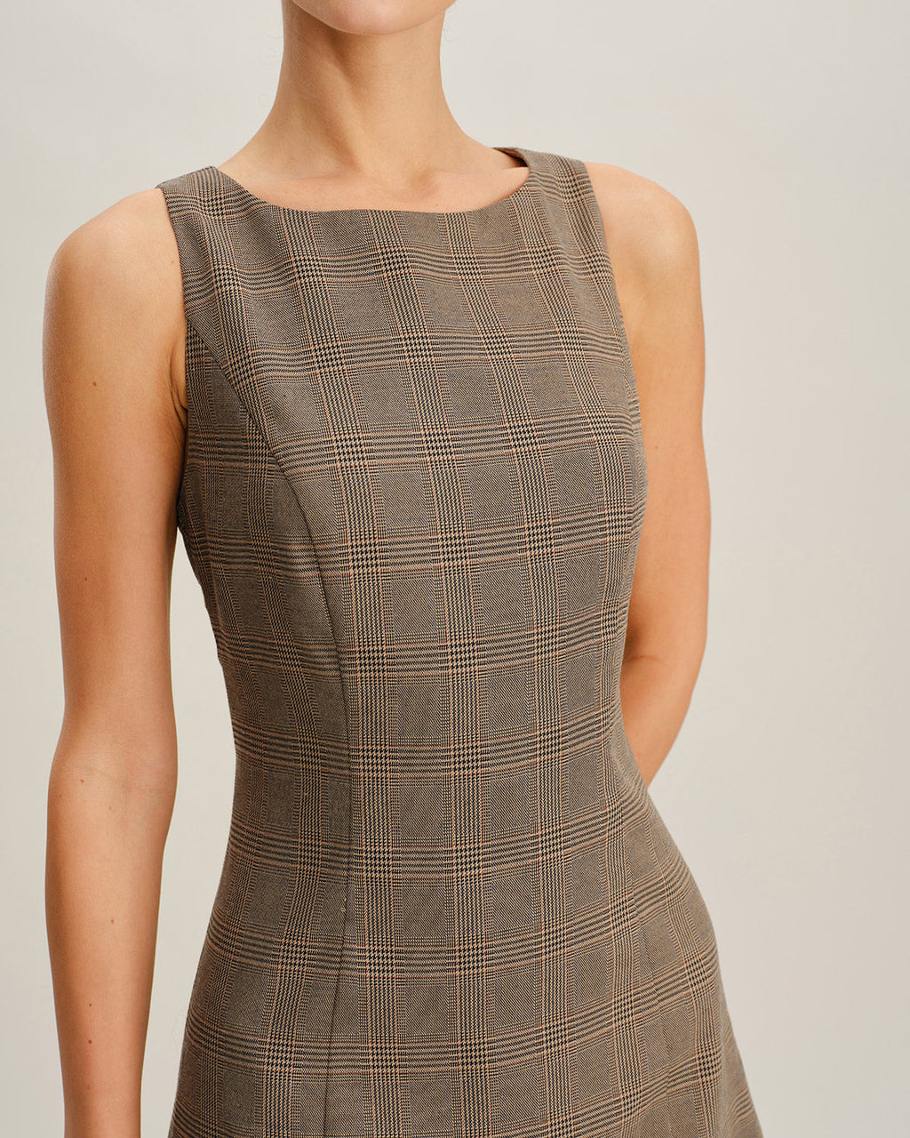 Brown Plaid Sleeveless Mini Dress