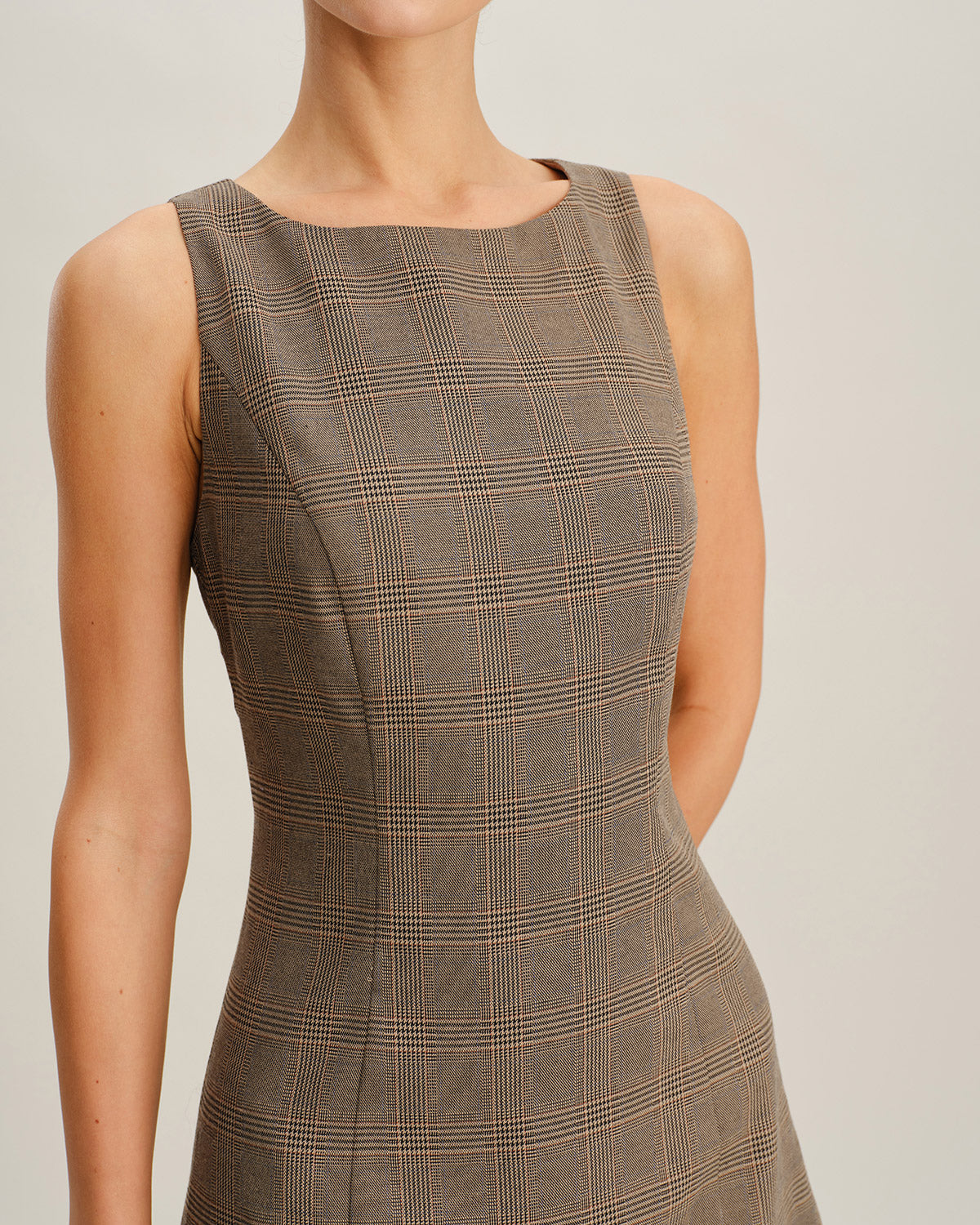 Brown Plaid Sleeveless Mini Dress