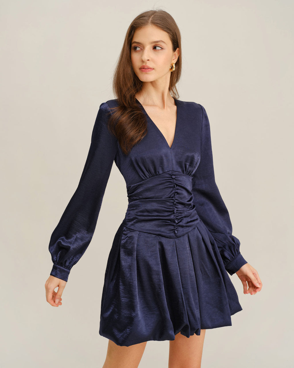 Navy Ruched A-Line Mini Dress