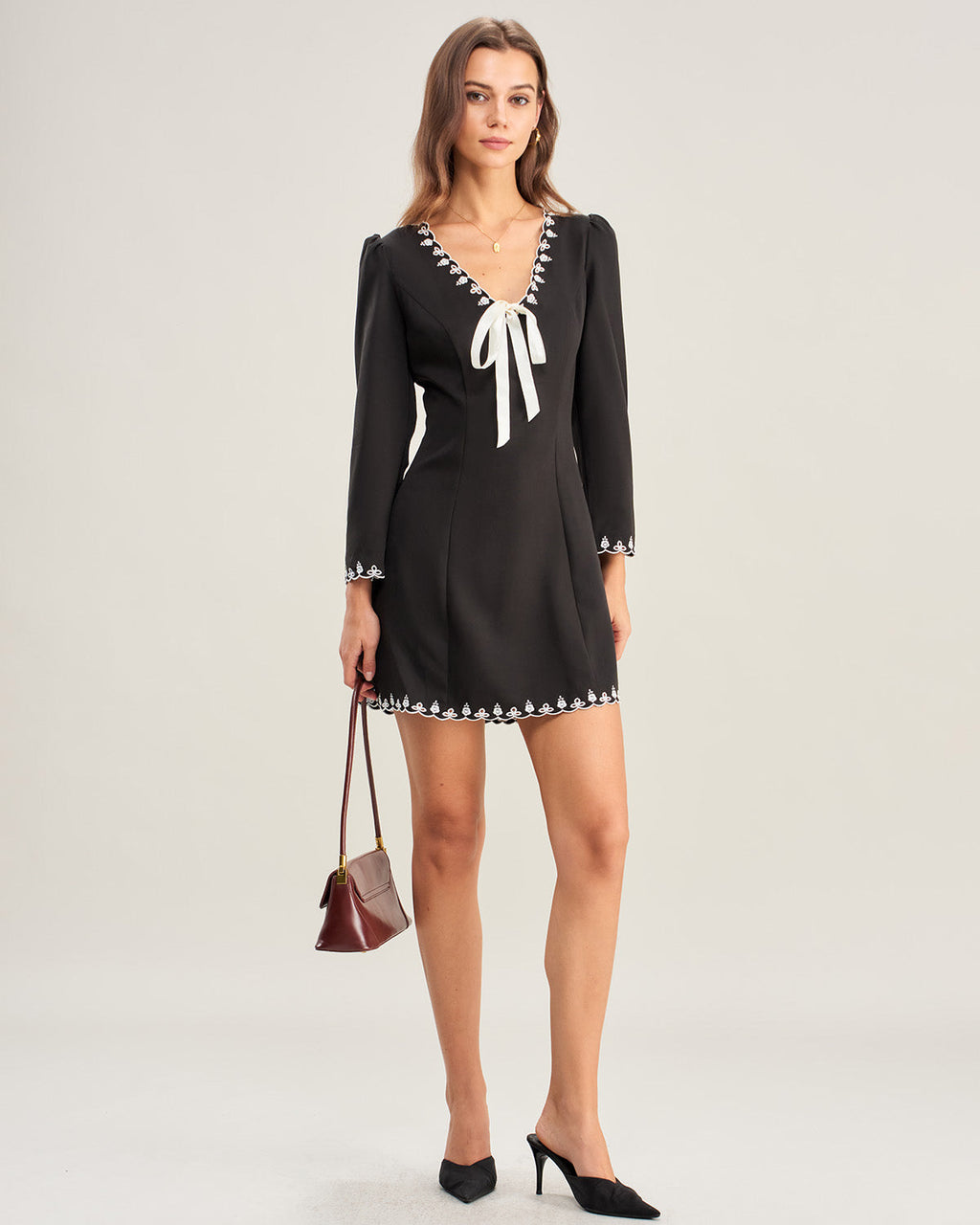 Black Contrasting Embroidery Mini Dress