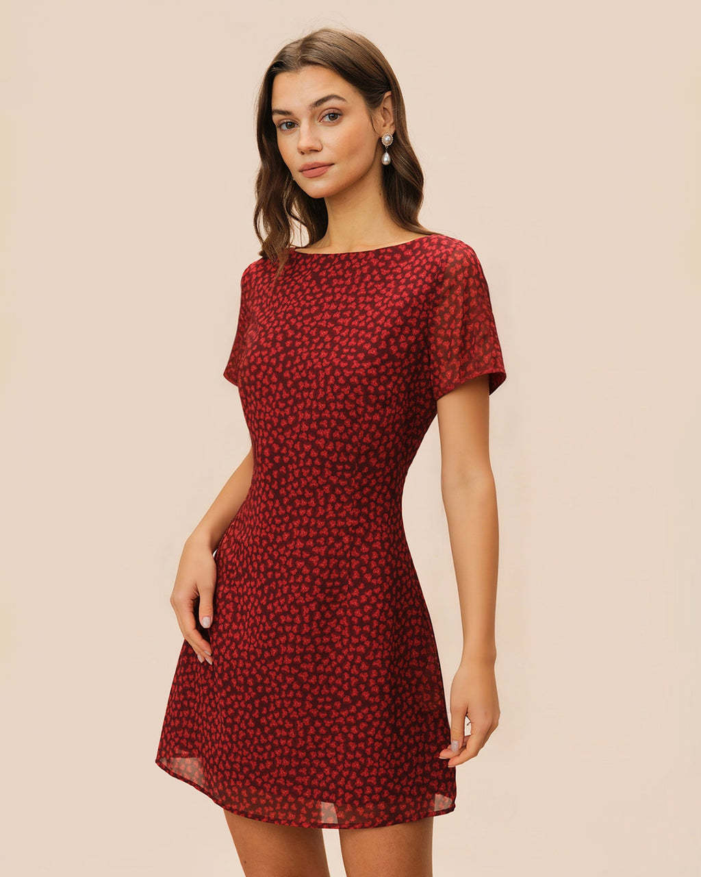 Red Boat Neck Floral Mini Dress