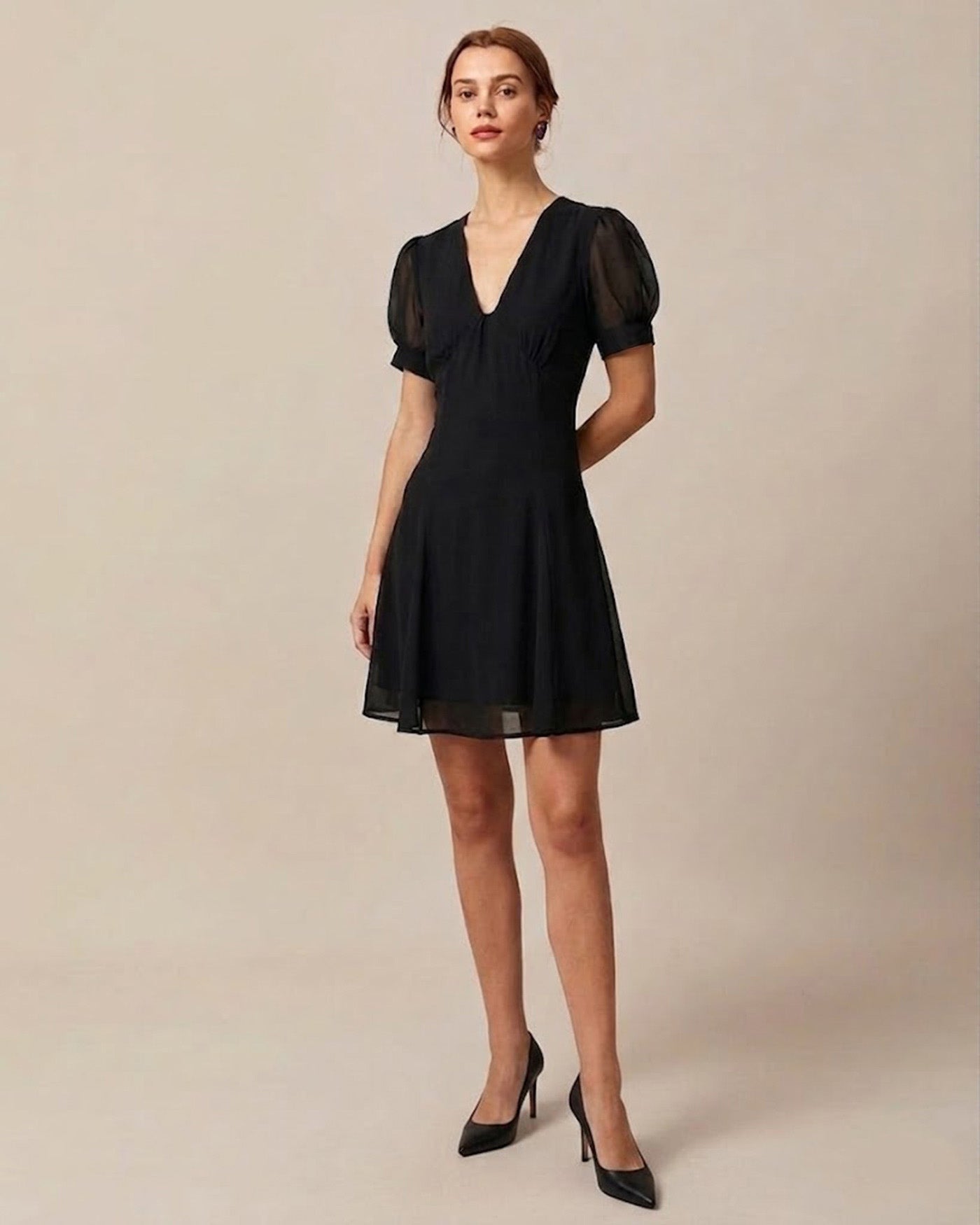 Black V Neck Puffed Sleeve Mini Dress