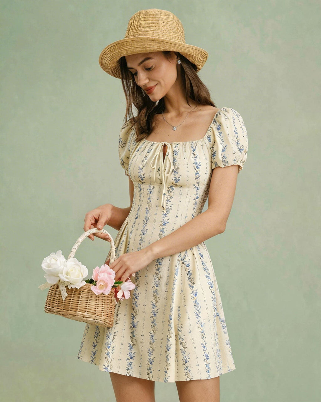 Apricot Square Neck Floral Mini Dress
