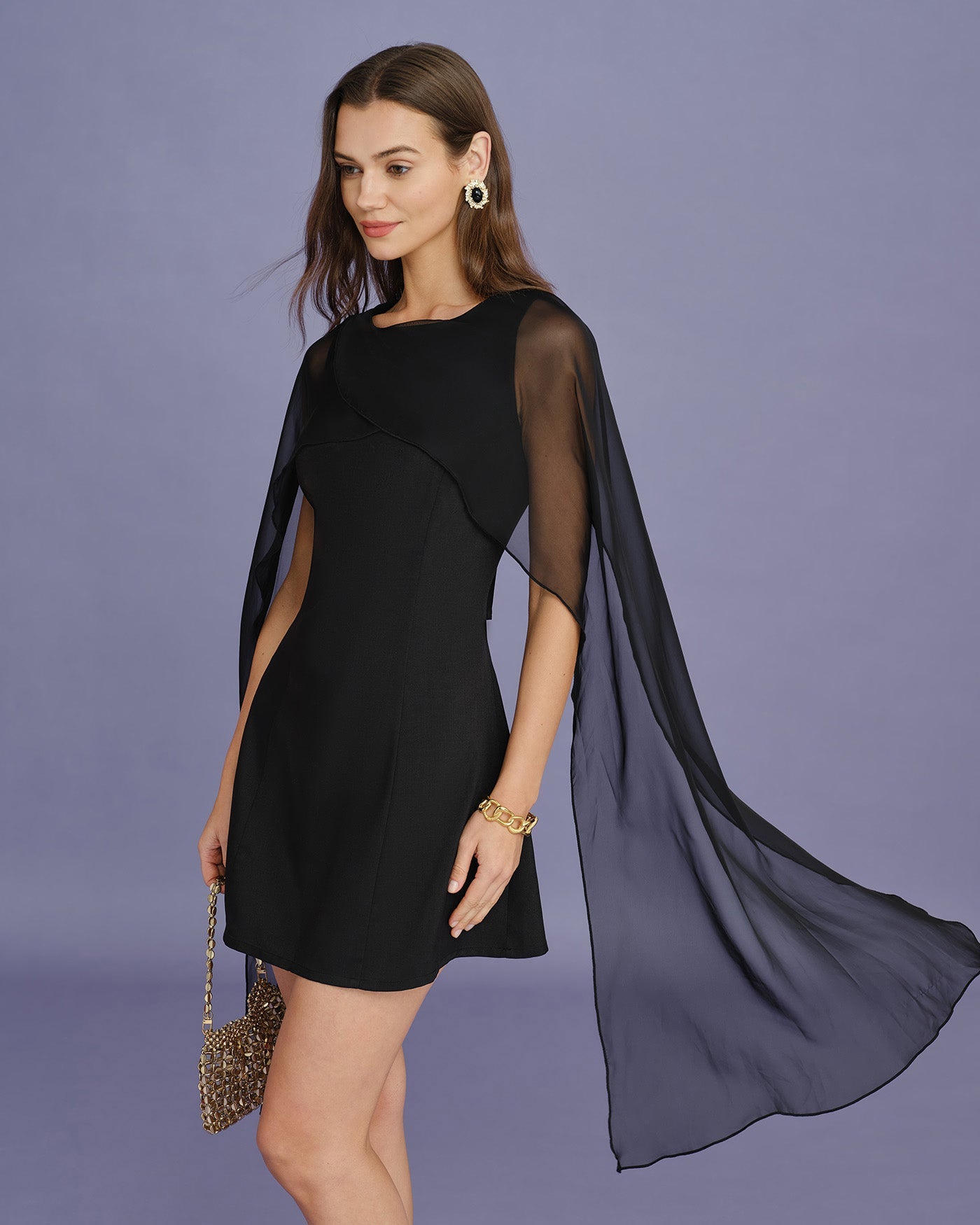 Black Boat Neck Flowy Mini Dress