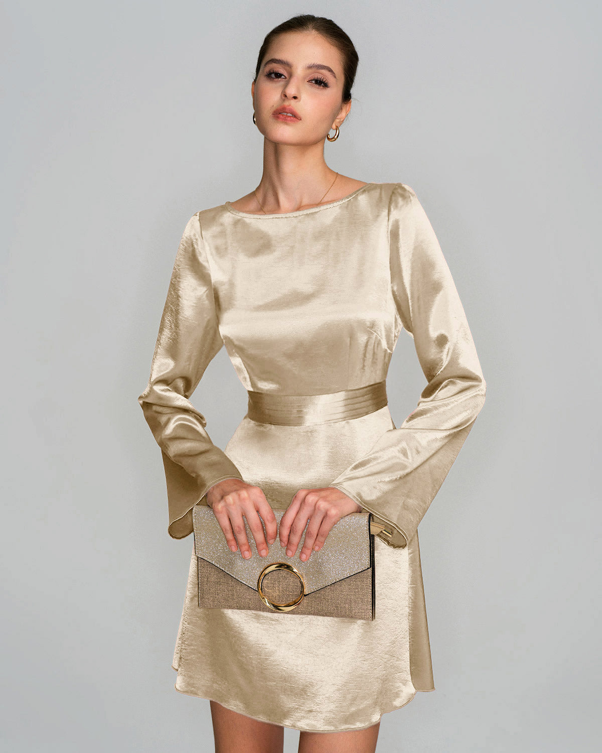 Apricot Boat Neck Satin A-Line Mini Dress