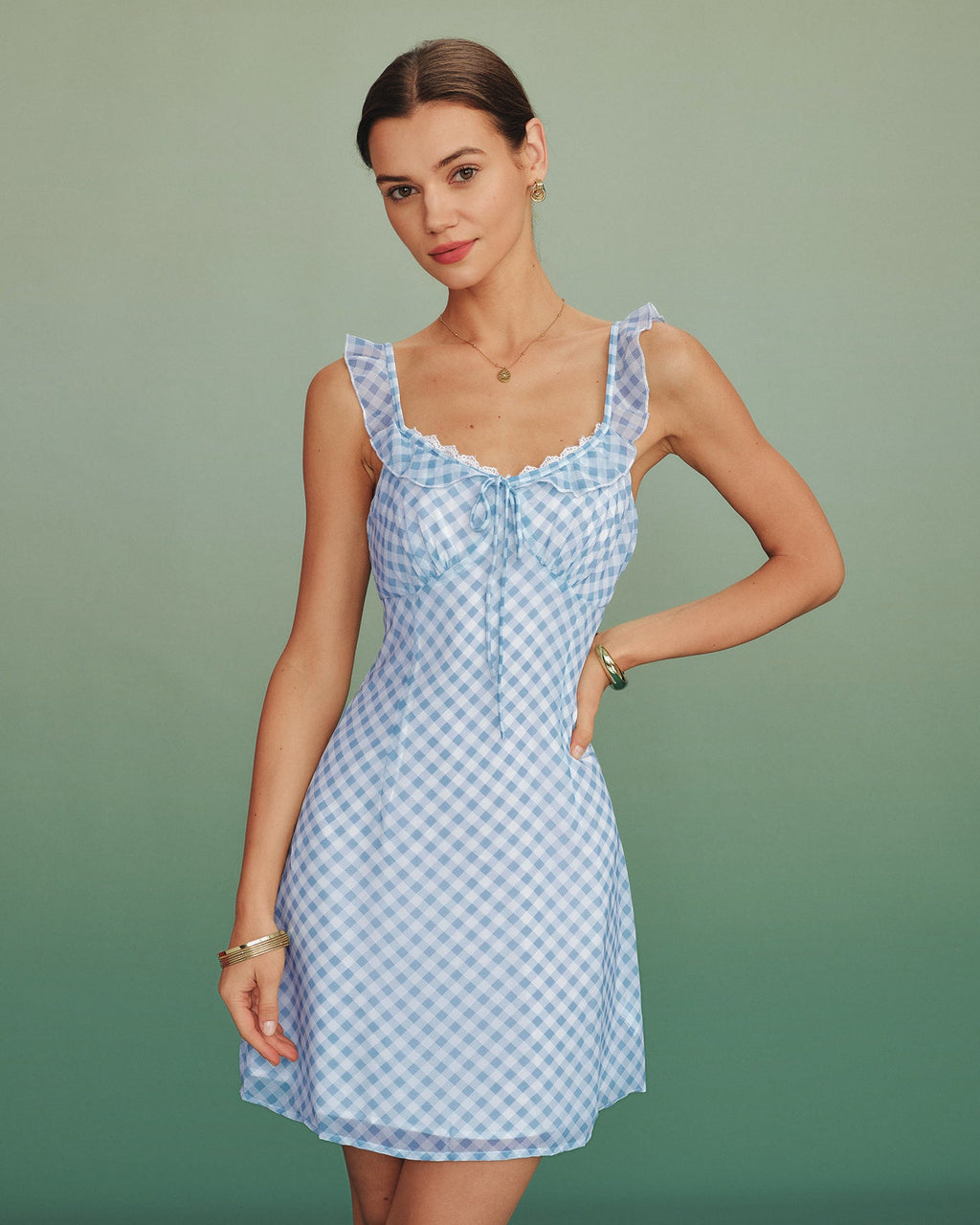 Blue Plaid Splicing Slip Mini Dress