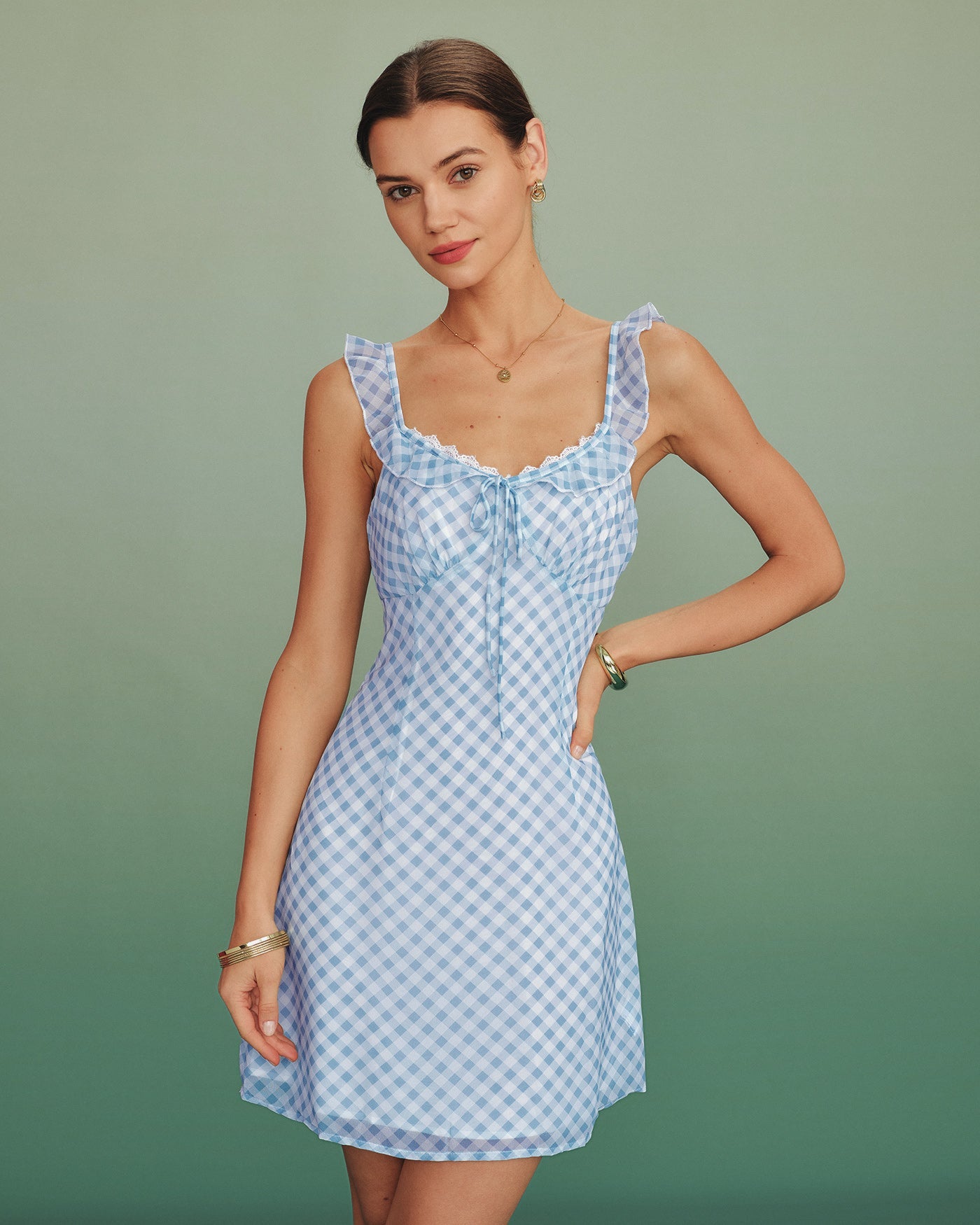 Blue Plaid Splicing Slip Mini Dress