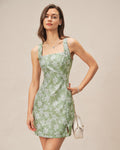 Green Square Neck Slit Floral Mini Dress