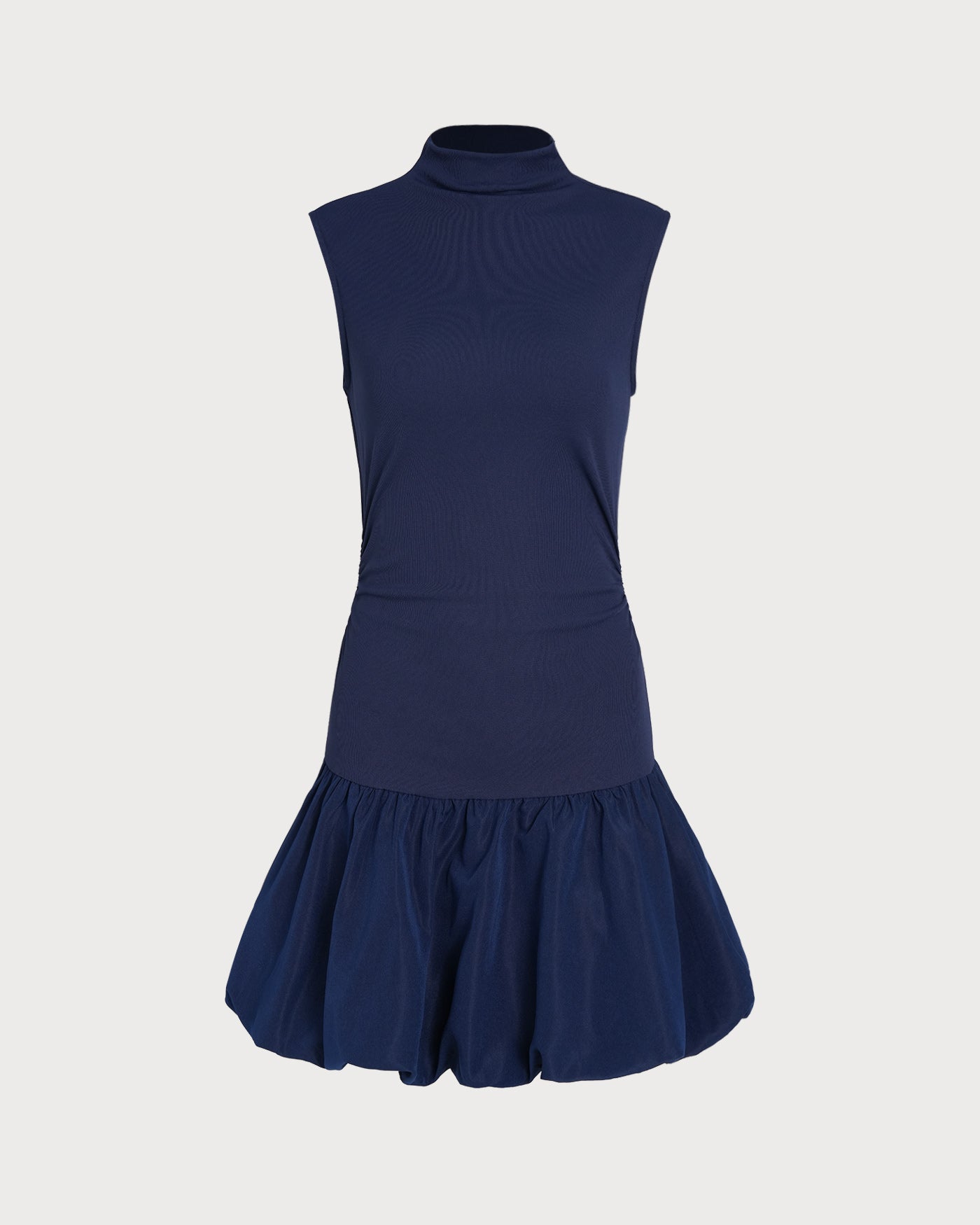 Navy Mock Neck Ruched Mini Dress