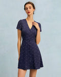 Blue V Neck Polka Dot Button Mini Dress