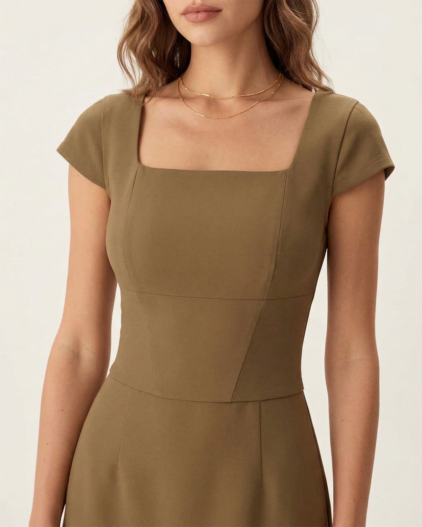 Brown Square Neck Cap Sleeve Mini Dress