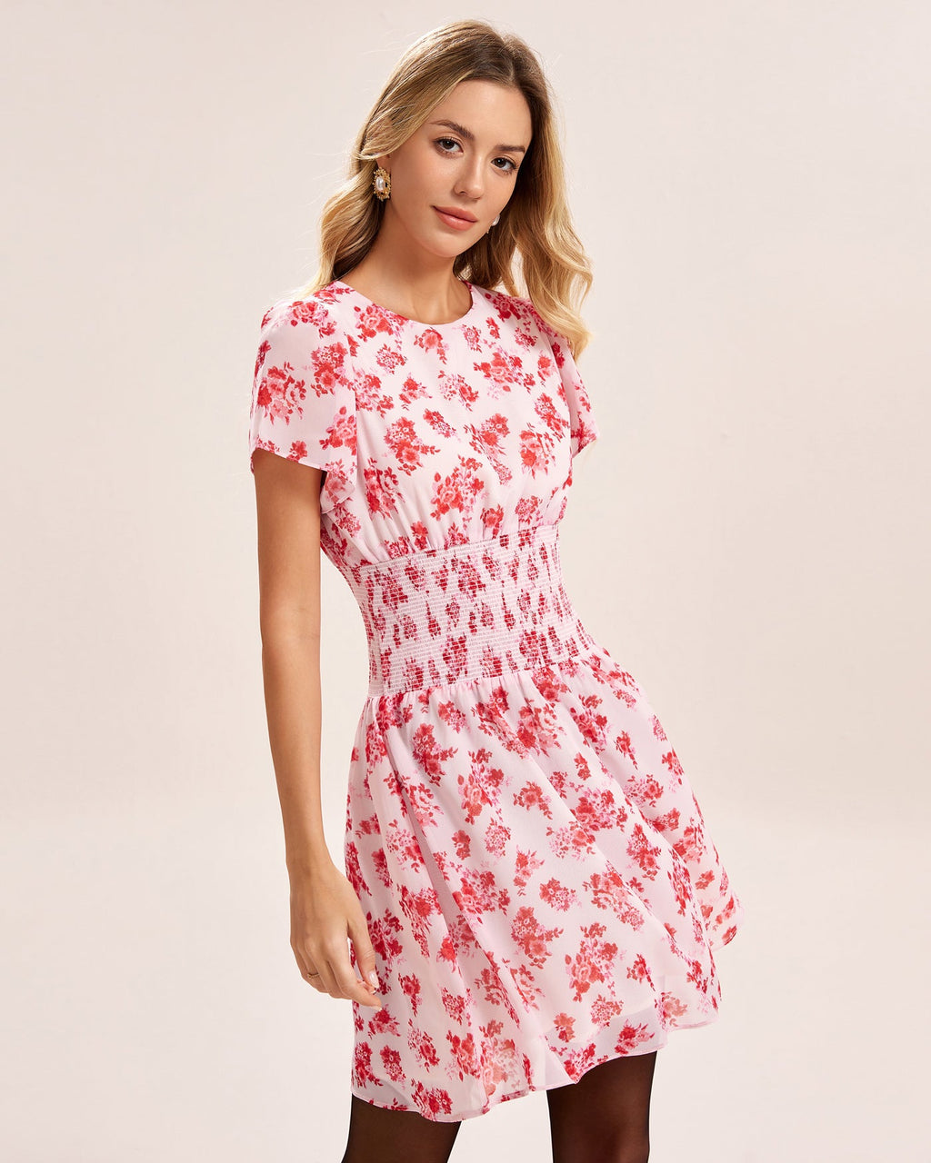 Pink Floral Shirred Mini Dress