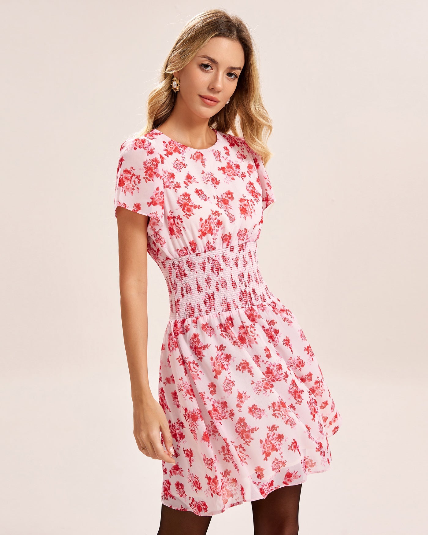 Pink Floral Shirred Mini Dress