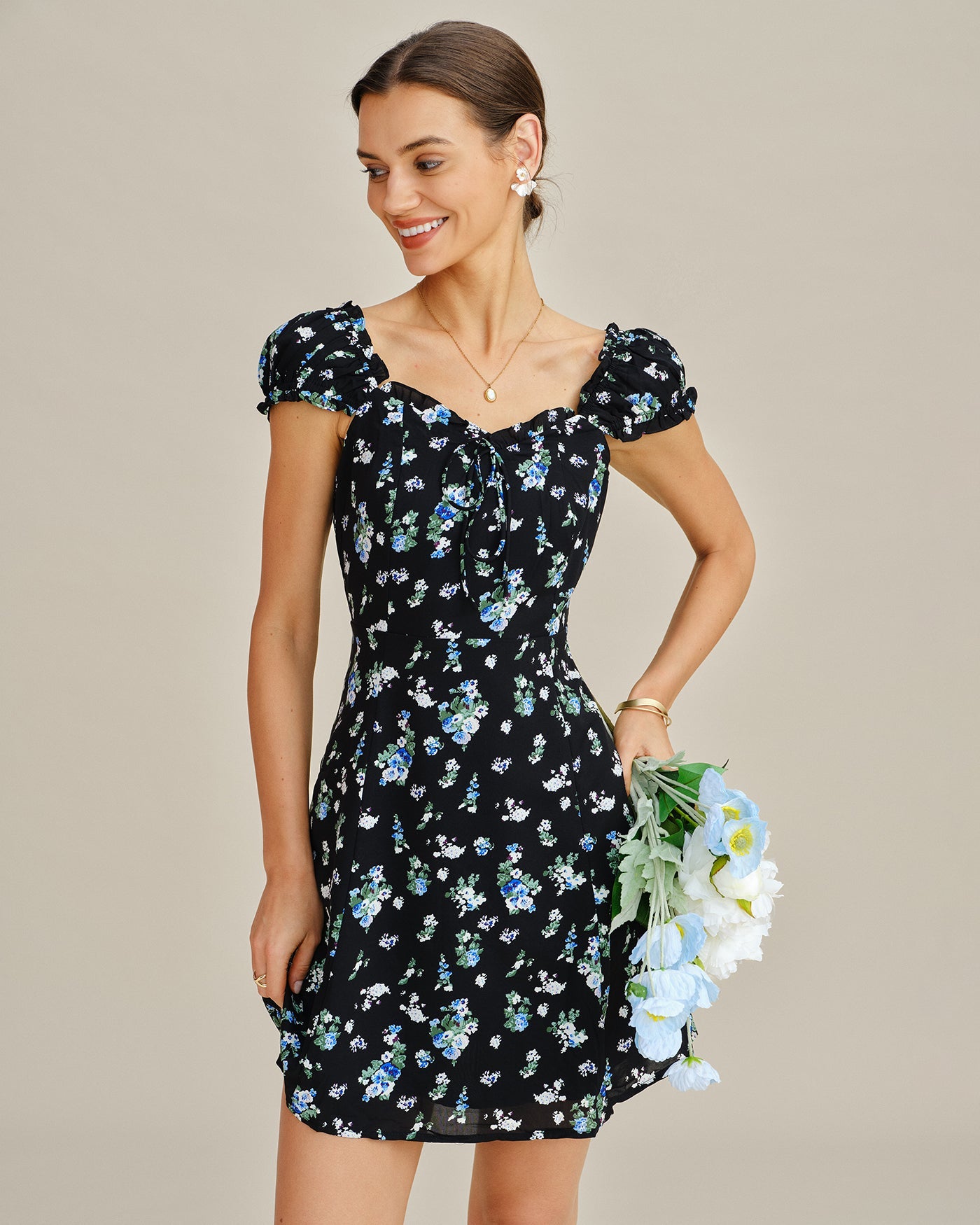 Black V Neck Floral Tunic Mini Dress