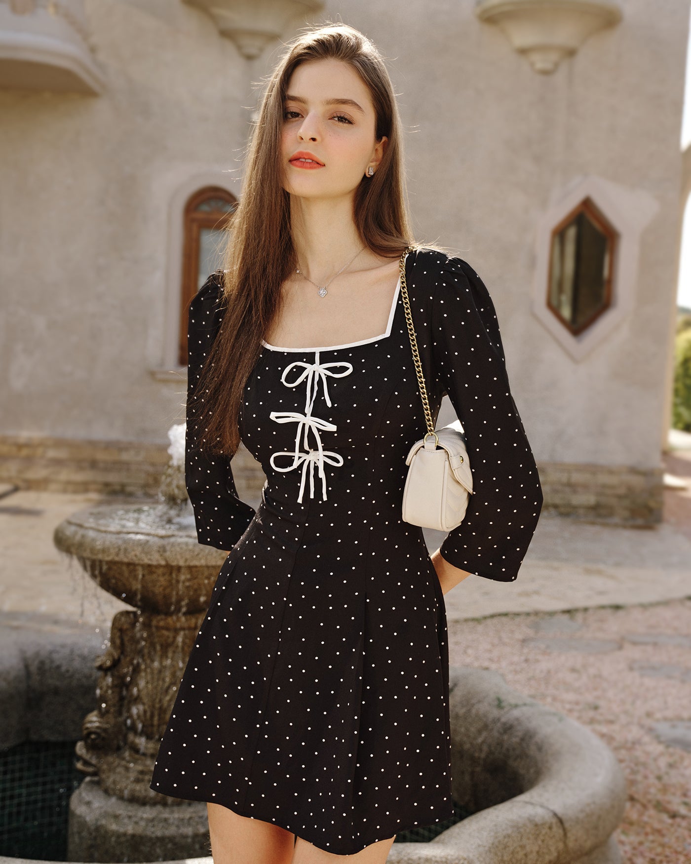 Black Polka Dot Square Neck Mini Dress