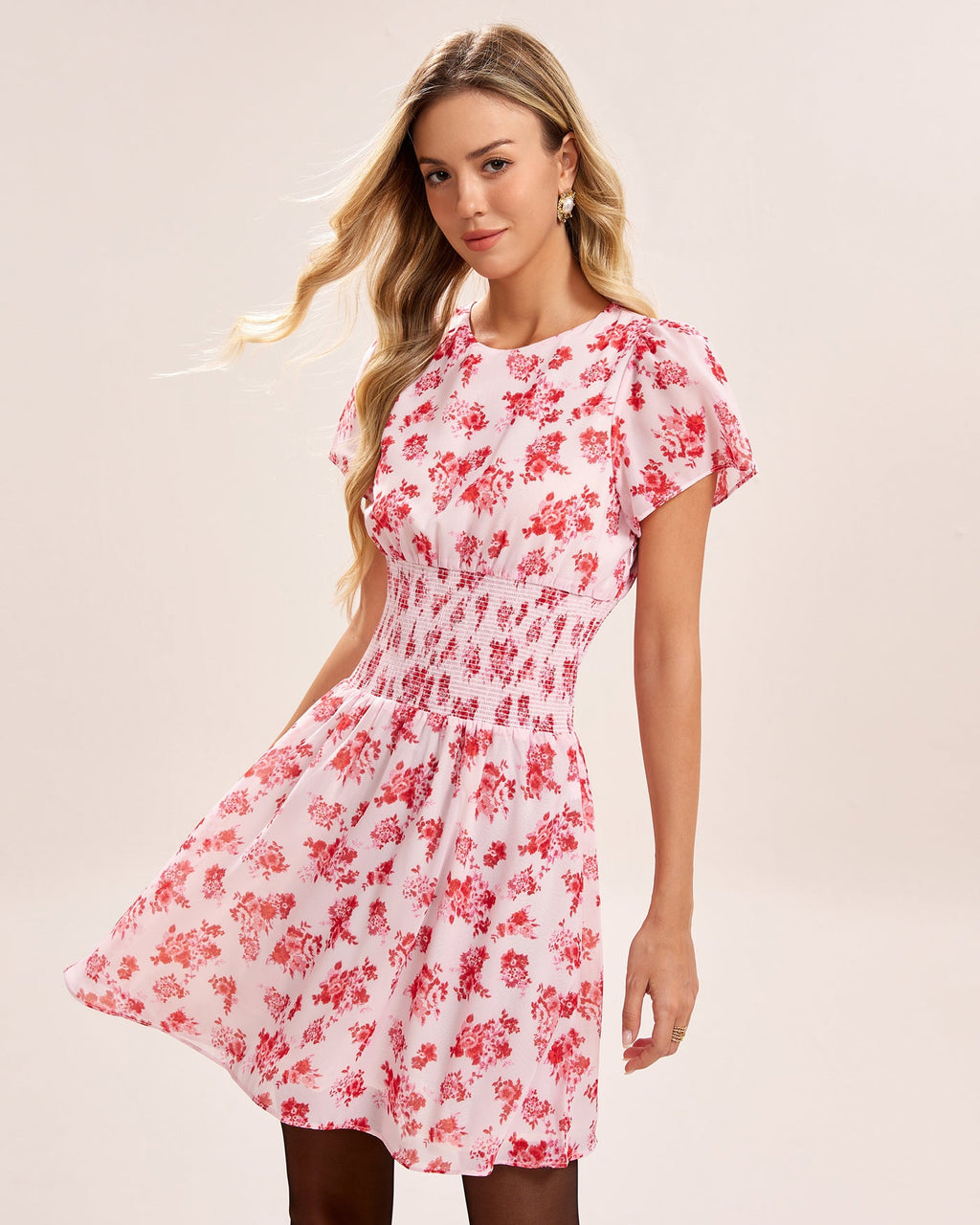 Pink Floral Shirred Mini Dress