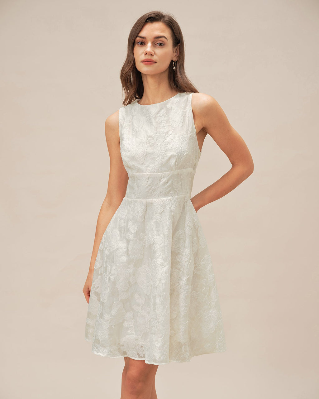 White Round Neck Jacquard Mini Dress