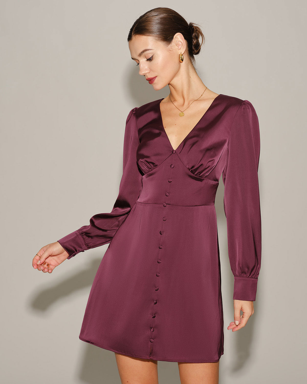 Purple Satin V Neck Mini Dress