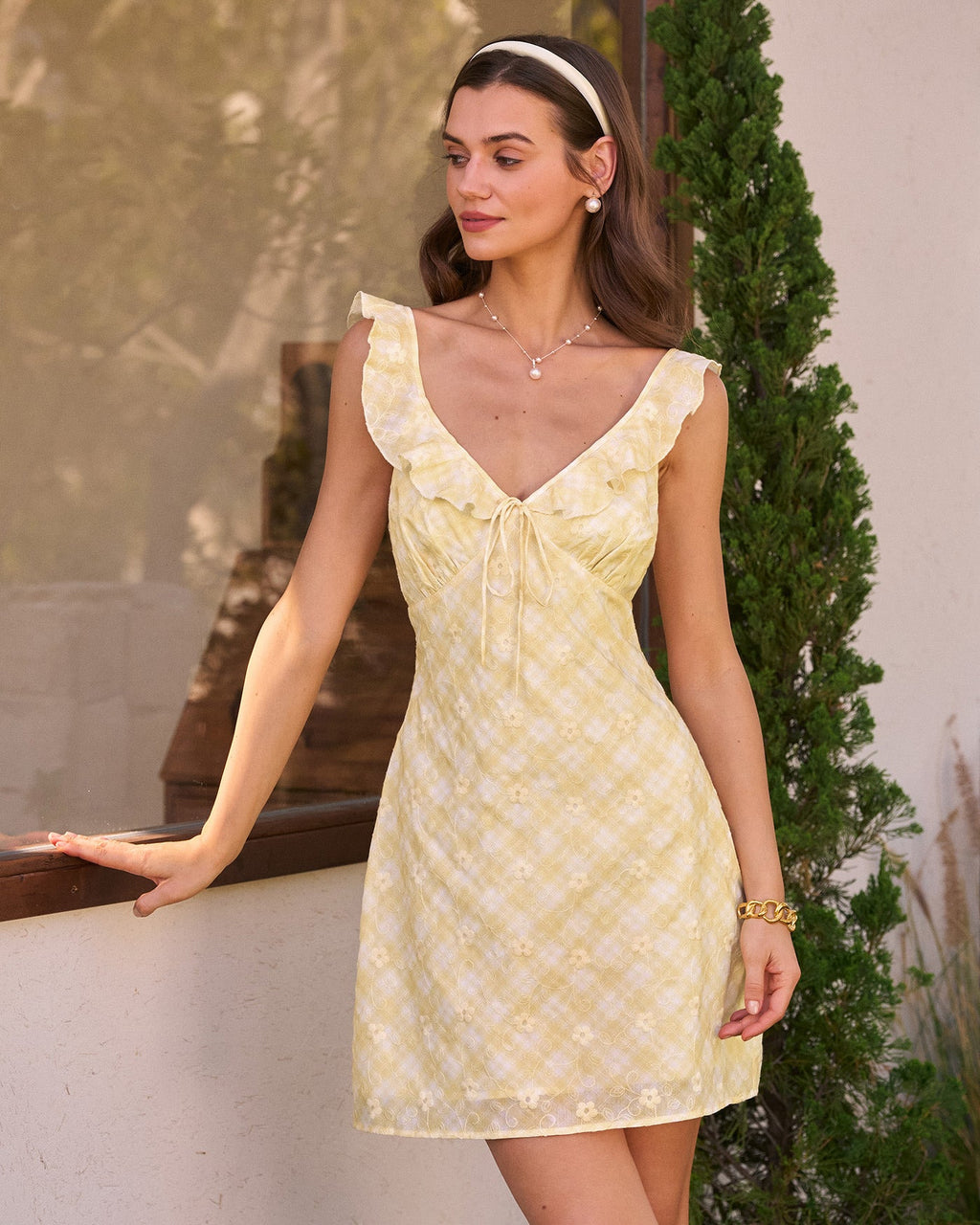 Yellow Plaid Ruffle Sleeveless Mini Dress