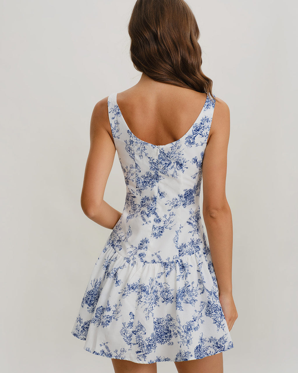 Blue Floral Boat Neck Sleeveless Mini Dress