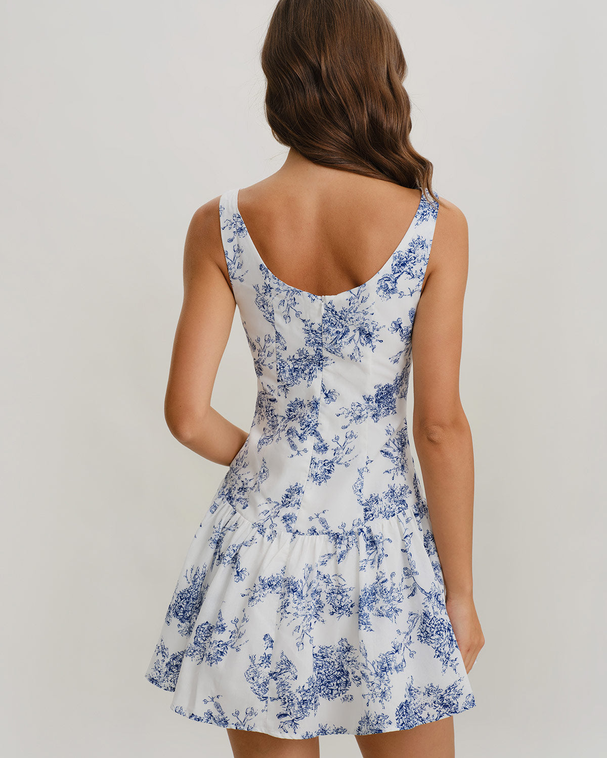 Blue Floral Boat Neck Sleeveless Mini Dress