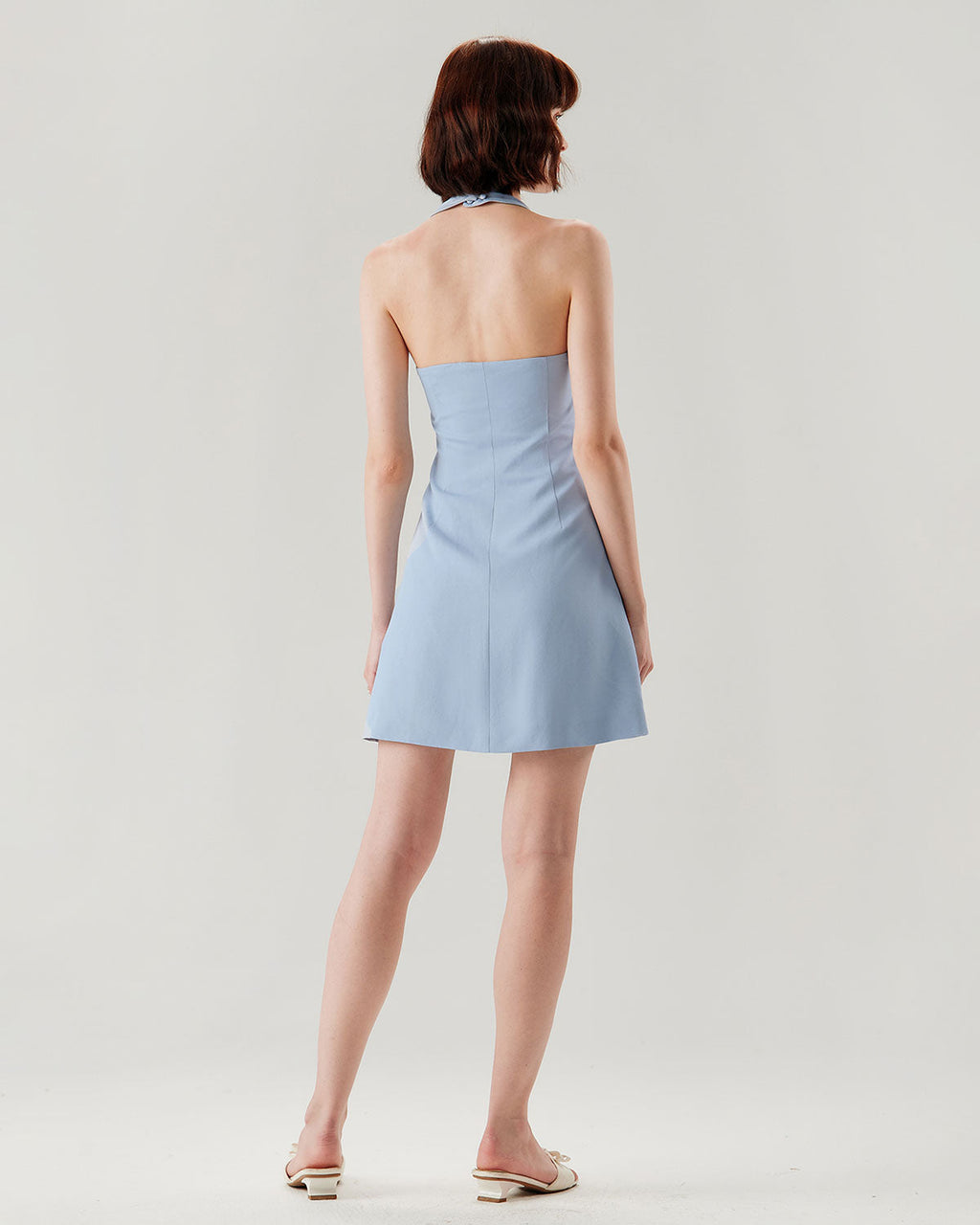 Blue Button Pocket Halter Mini Dress