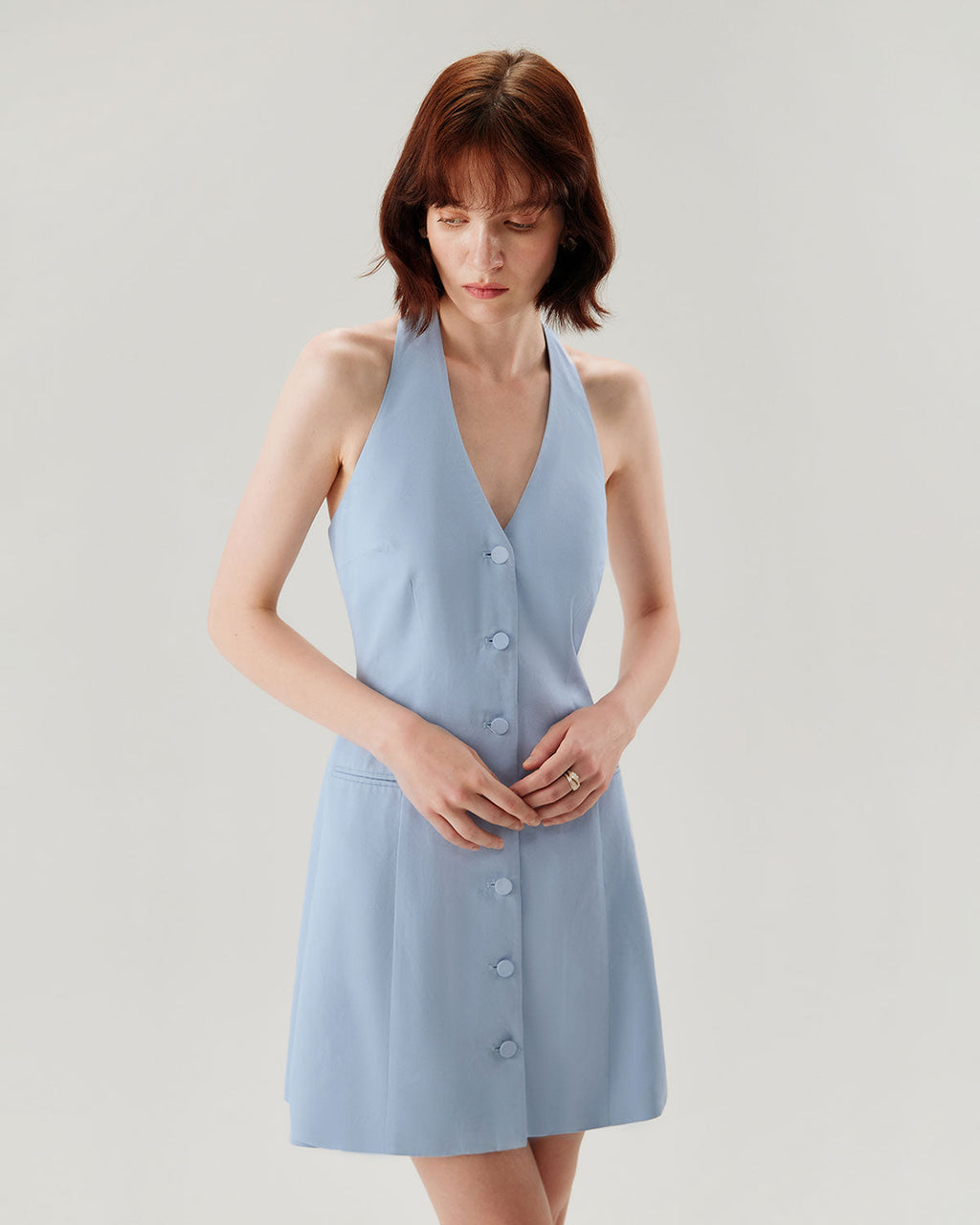 Blue Button Pocket Halter Mini Dress