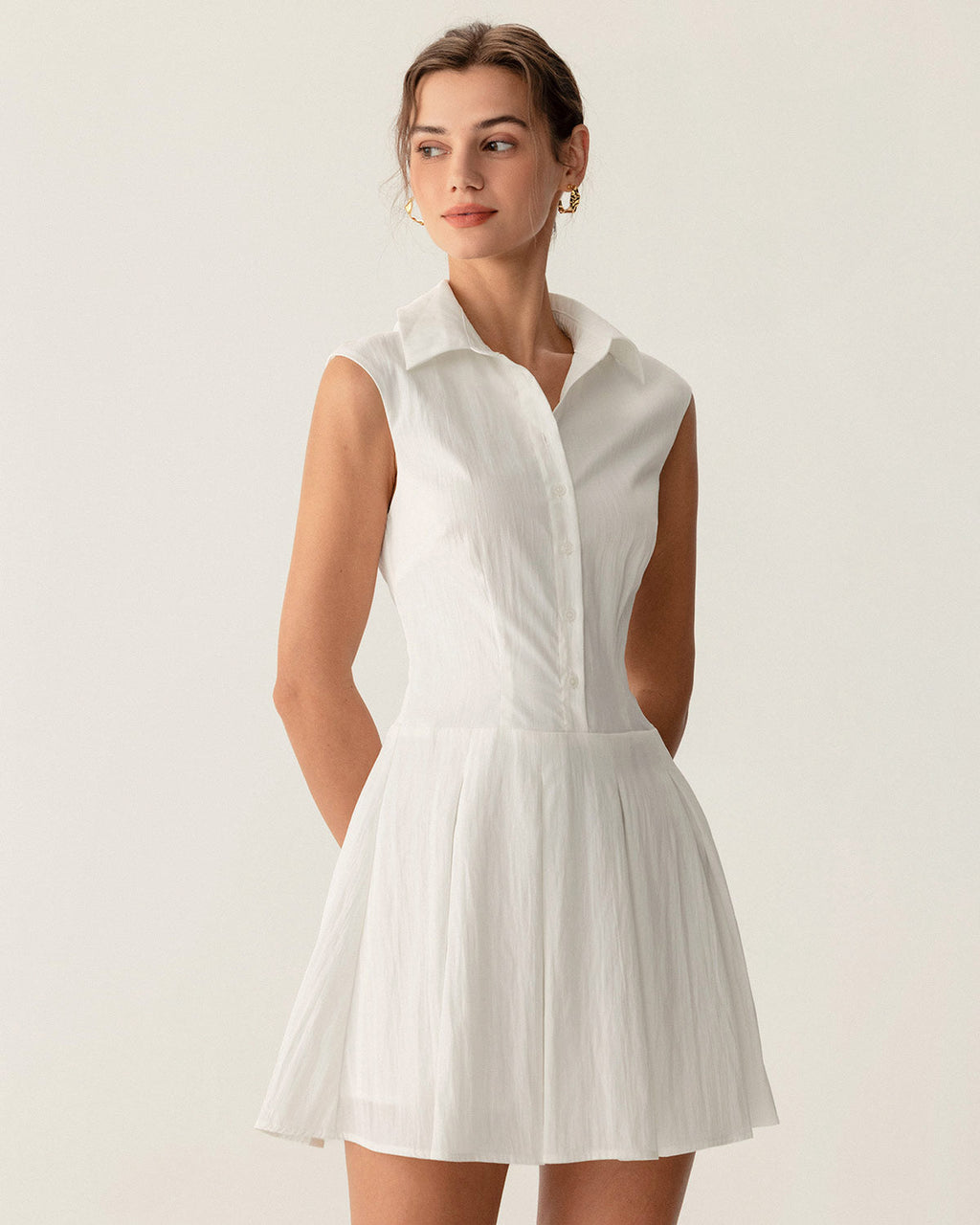 White Button A-Line Sleeveless Mini Dress
