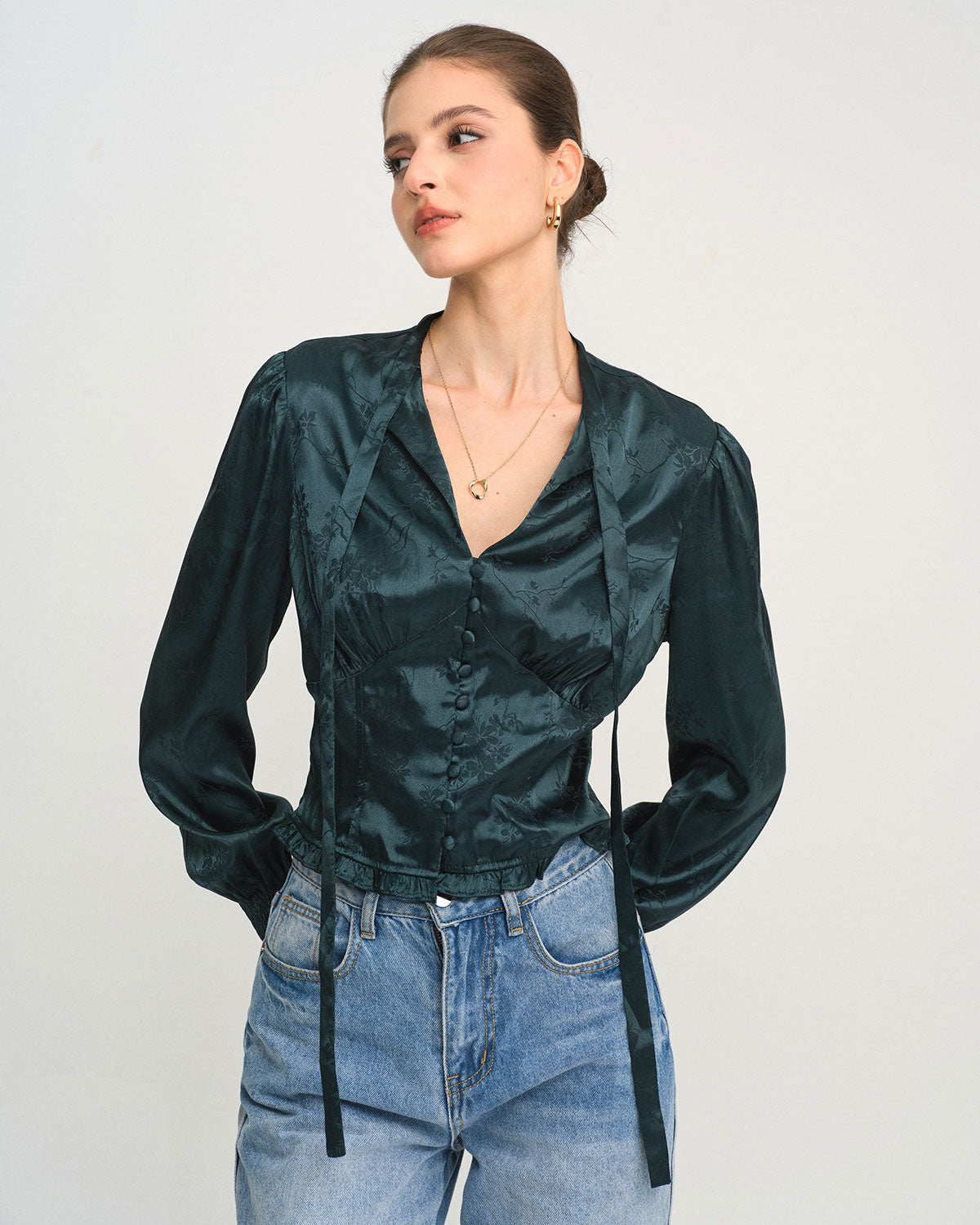 Green Jacquard Tie Neck Blouse